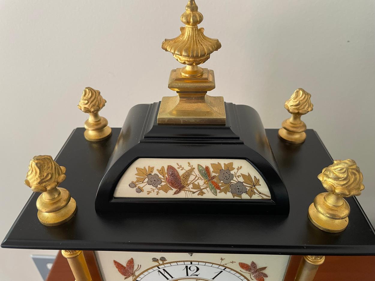 Painted French Mantel Clock, Decorated with Birds and Butterflies, Japy Freres, C 1880 For Sale