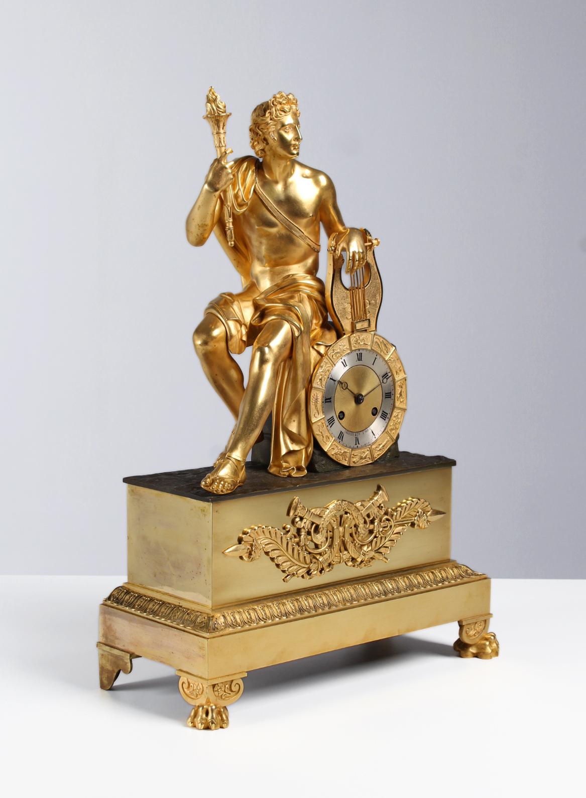 Restauration French Mantel Clock, Firegilded Bronze, Apollo with Lyre, Paris, circa 1830