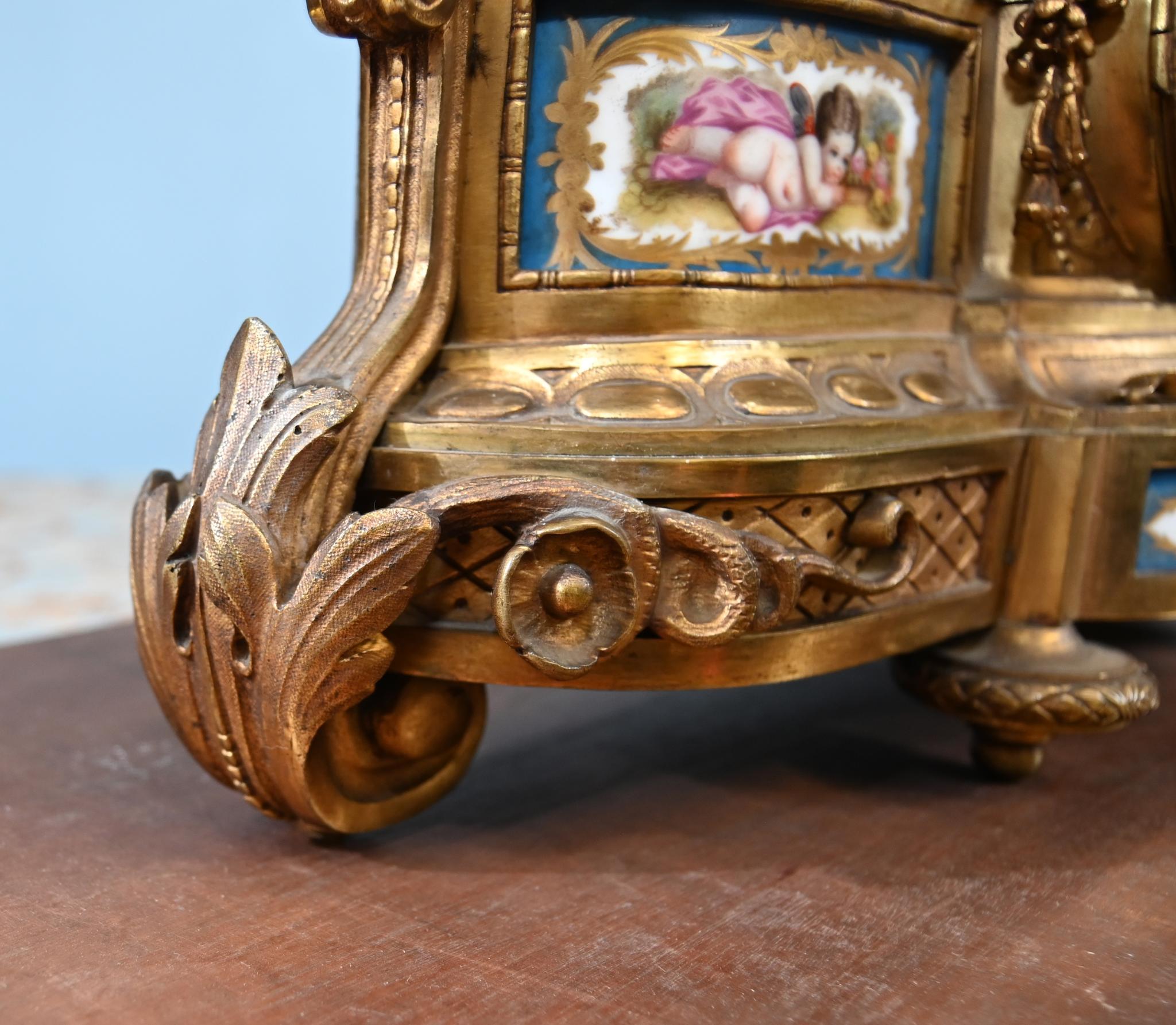French Mantel Clock Gilt Cherub Sevres Plaques 1890 For Sale 5