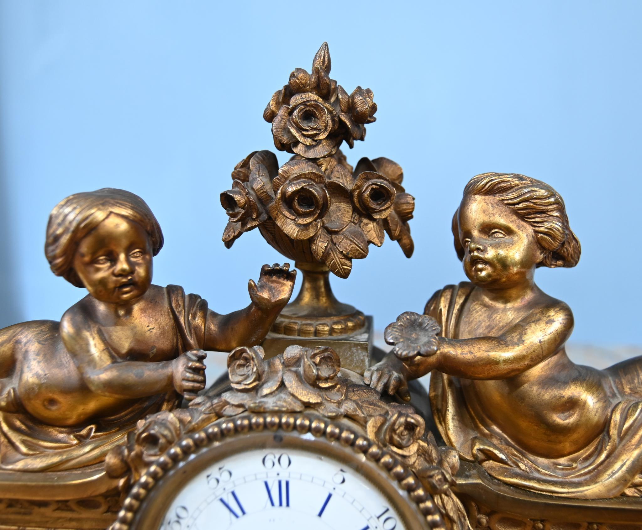 French Mantel Clock Gilt Cherub Sevres Plaques 1890 For Sale 7