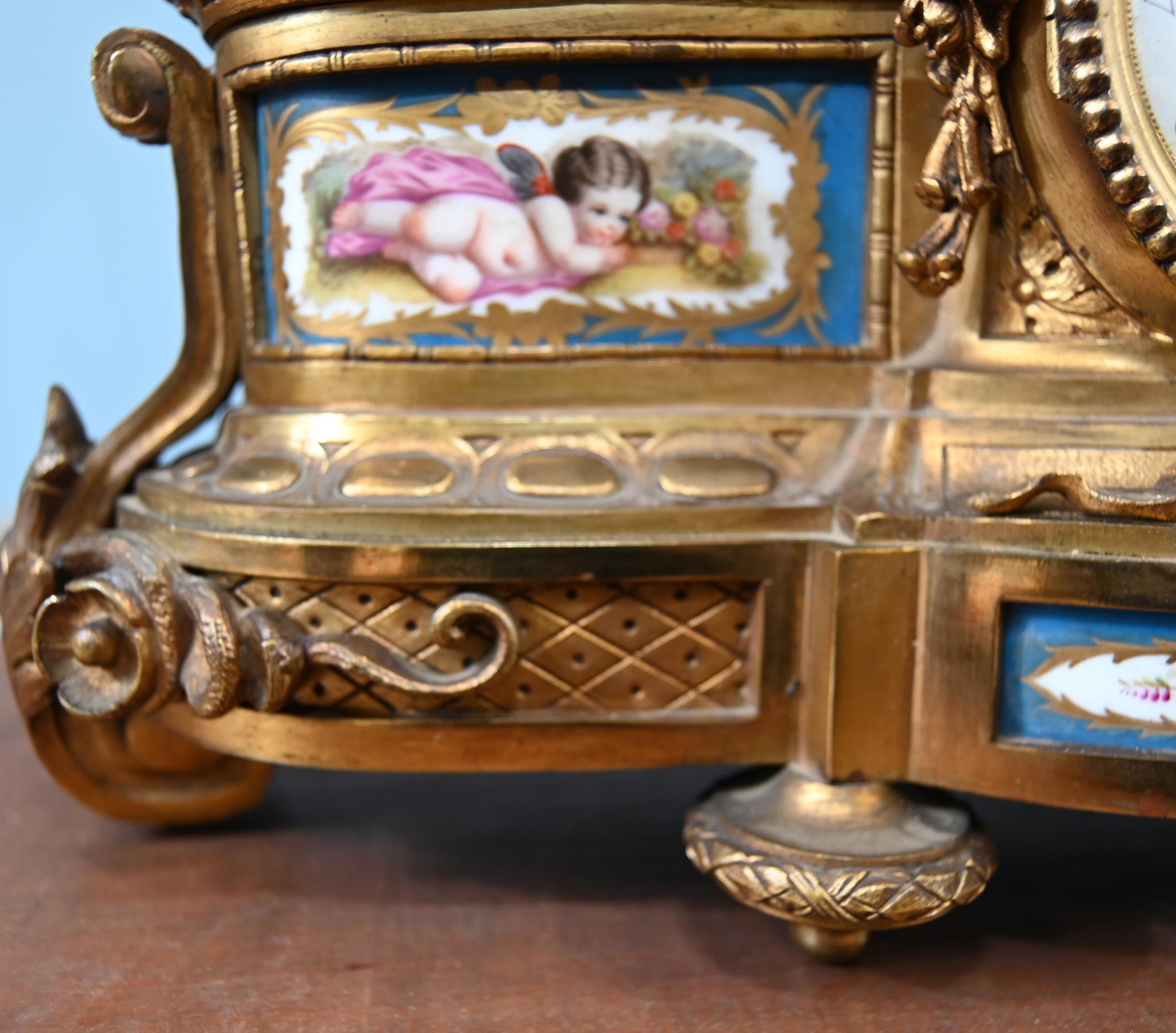 French Mantel Clock Gilt Cherub Sevres Plaques 1890 For Sale 8