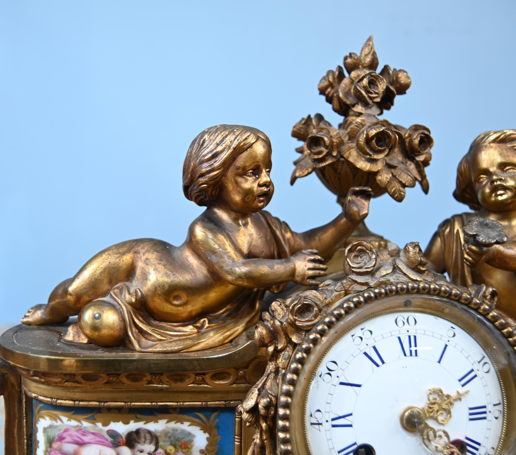 French Mantel Clock Gilt Cherub Sevres Plaques 1890 For Sale 9