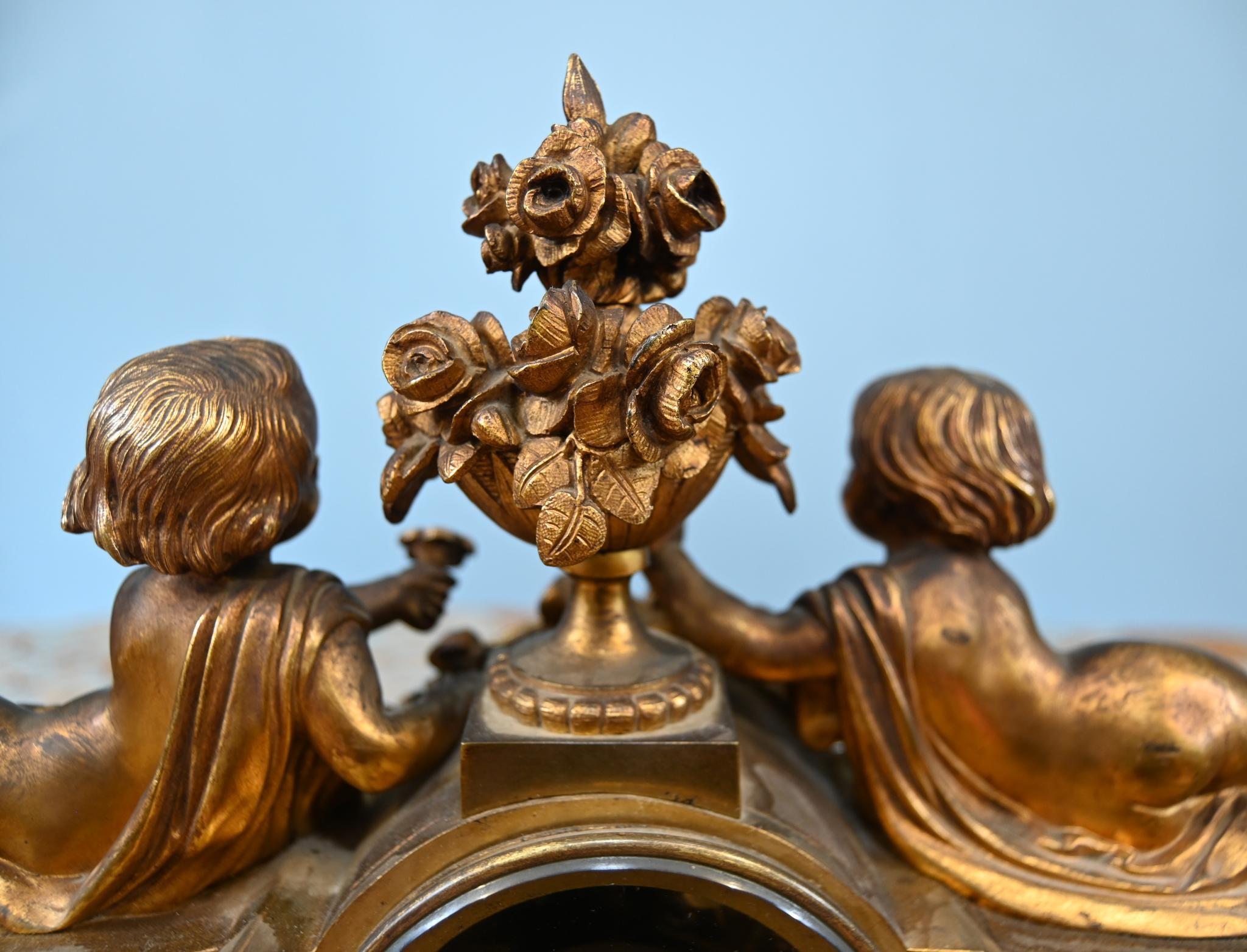 French Mantel Clock Gilt Cherub Sevres Plaques 1890 For Sale 2