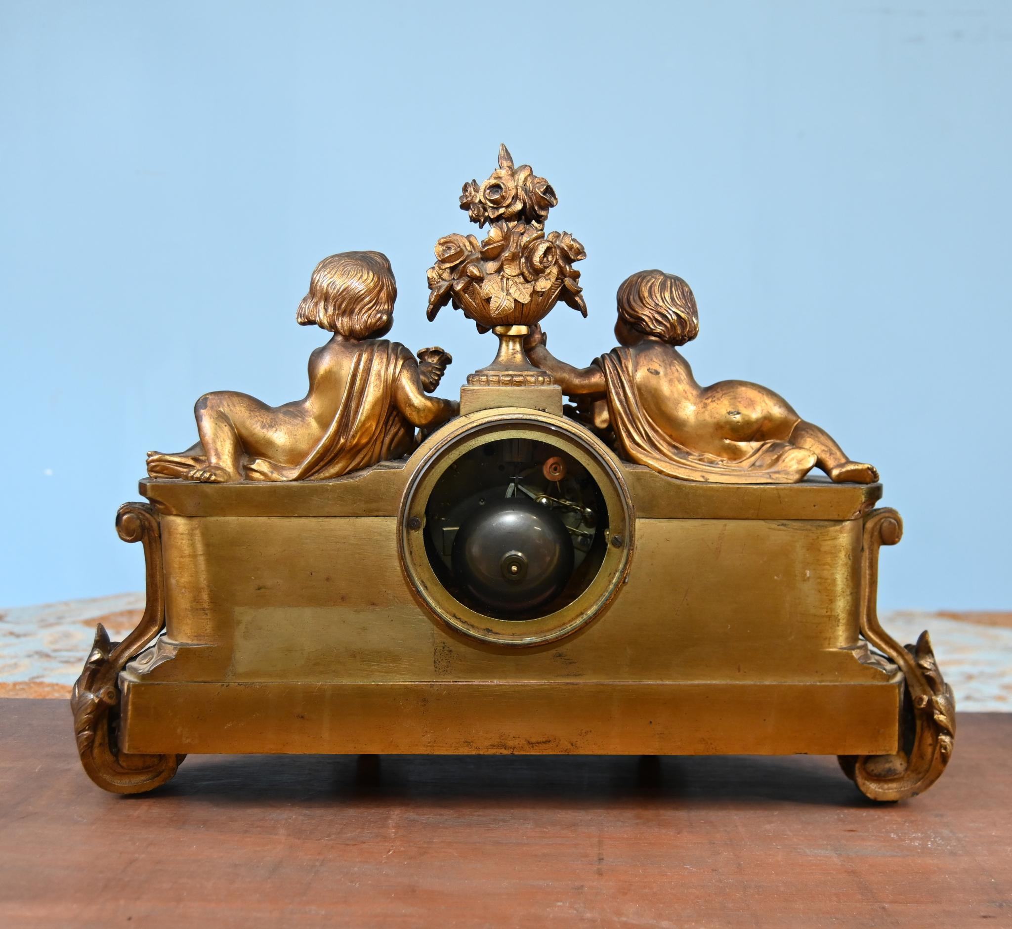 French Mantel Clock Gilt Cherub Sevres Plaques 1890 For Sale 3