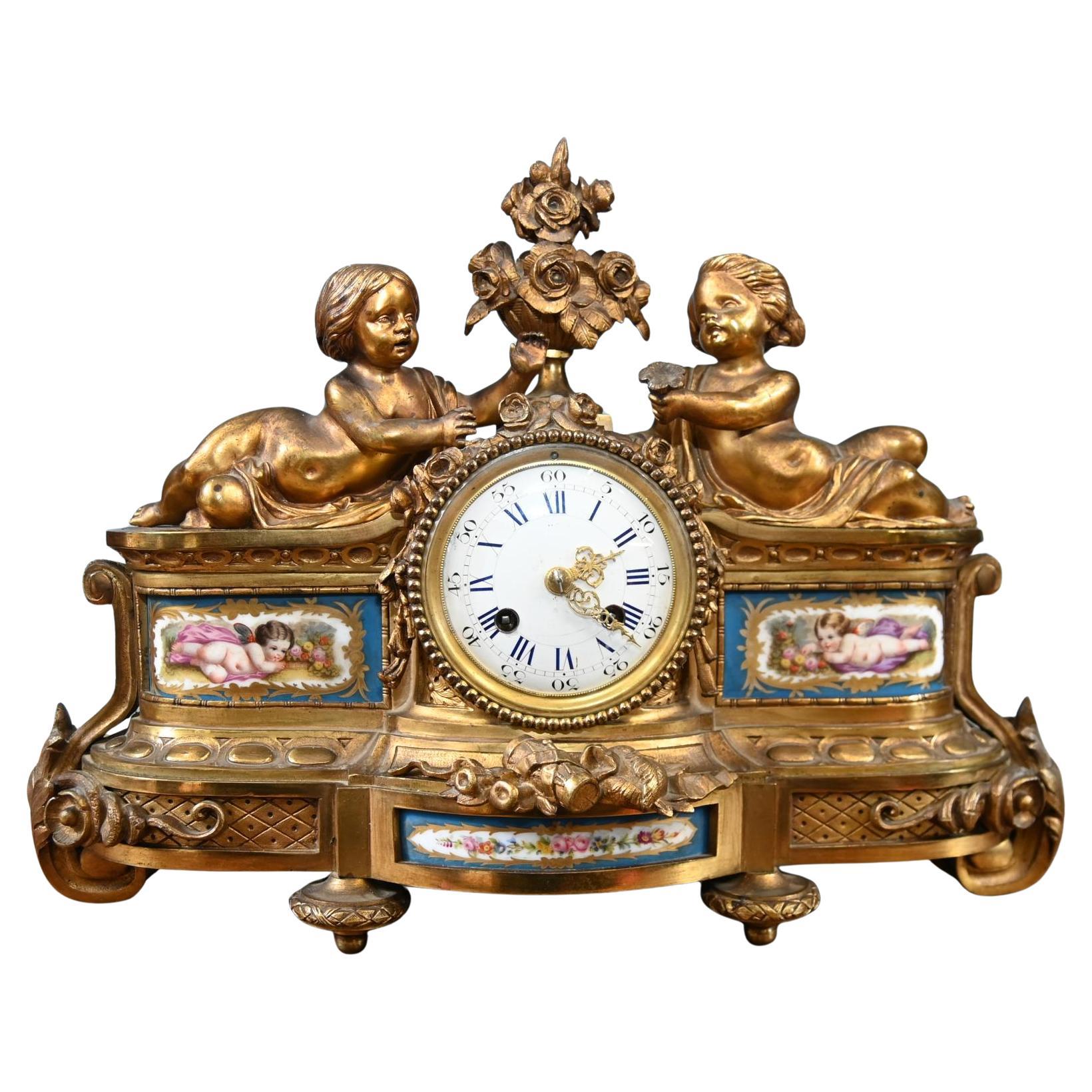 French Mantel Clock Gilt Cherub Sevres Plaques 1890