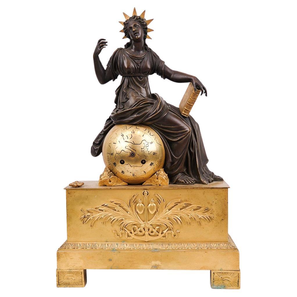French Mantel Clock In Bronze Decorated With Female Figure In Empire Style