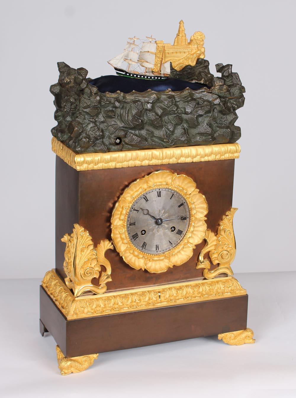 Patinated French Mantel Clock, Pendule with Moving Sailboat Automat, Charles X, circa 1840