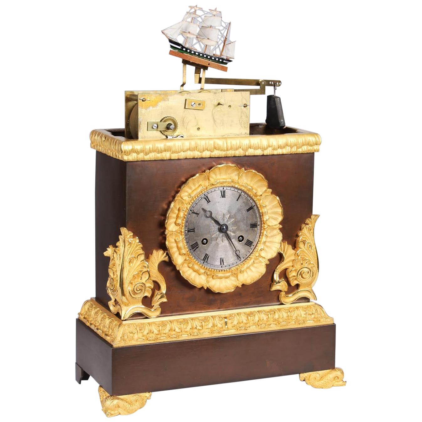 French Mantel Clock, Pendule with Moving Sailboat Automat, Charles X, circa 1840
