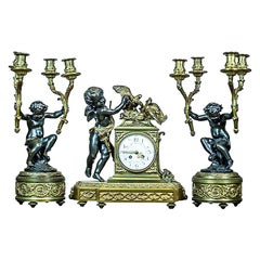 19th-Century French Bronze Mantel Clock Set