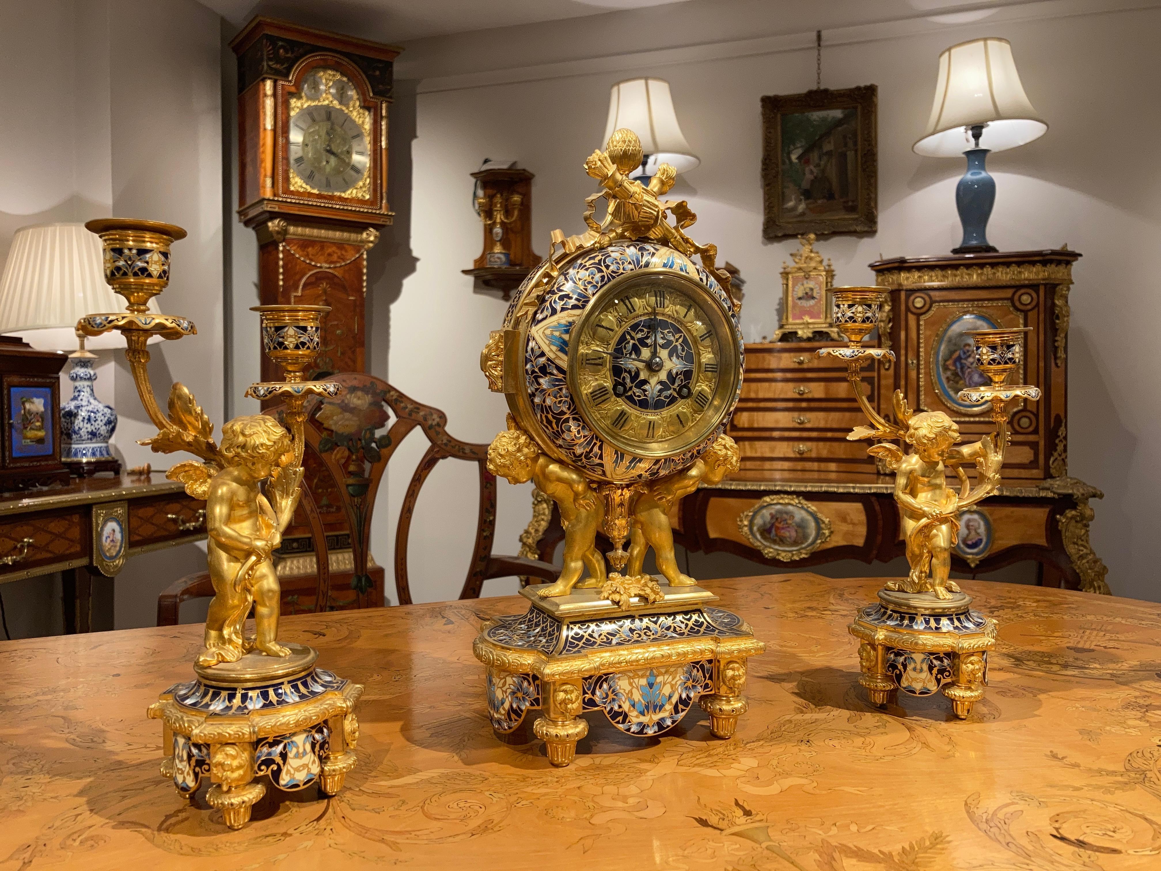 French Mantle Clock Garniture in the Louis XVI Manner In Excellent Condition For Sale In London, GB