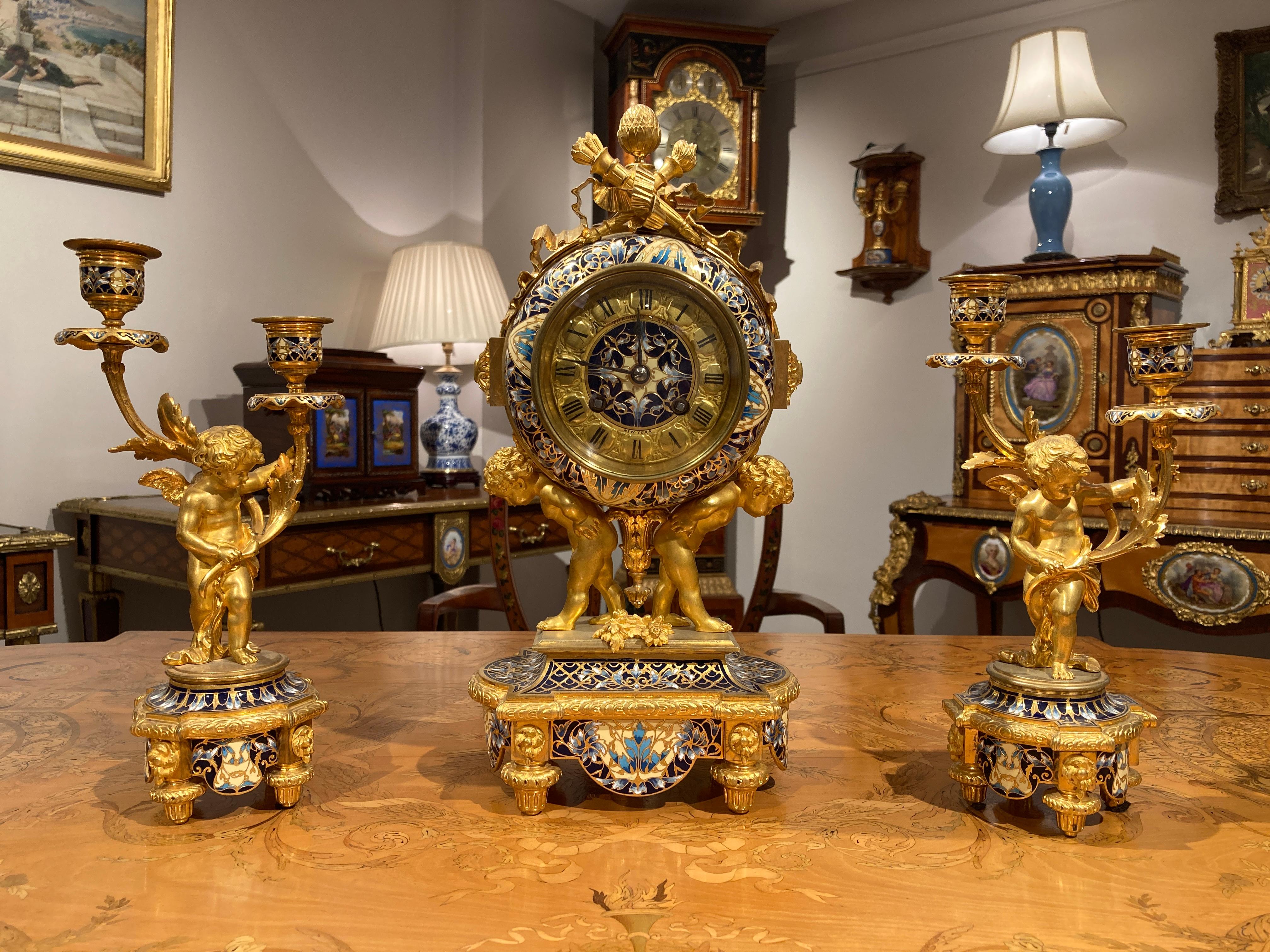 Late 19th Century French Mantle Clock Garniture in the Louis XVI Manner For Sale