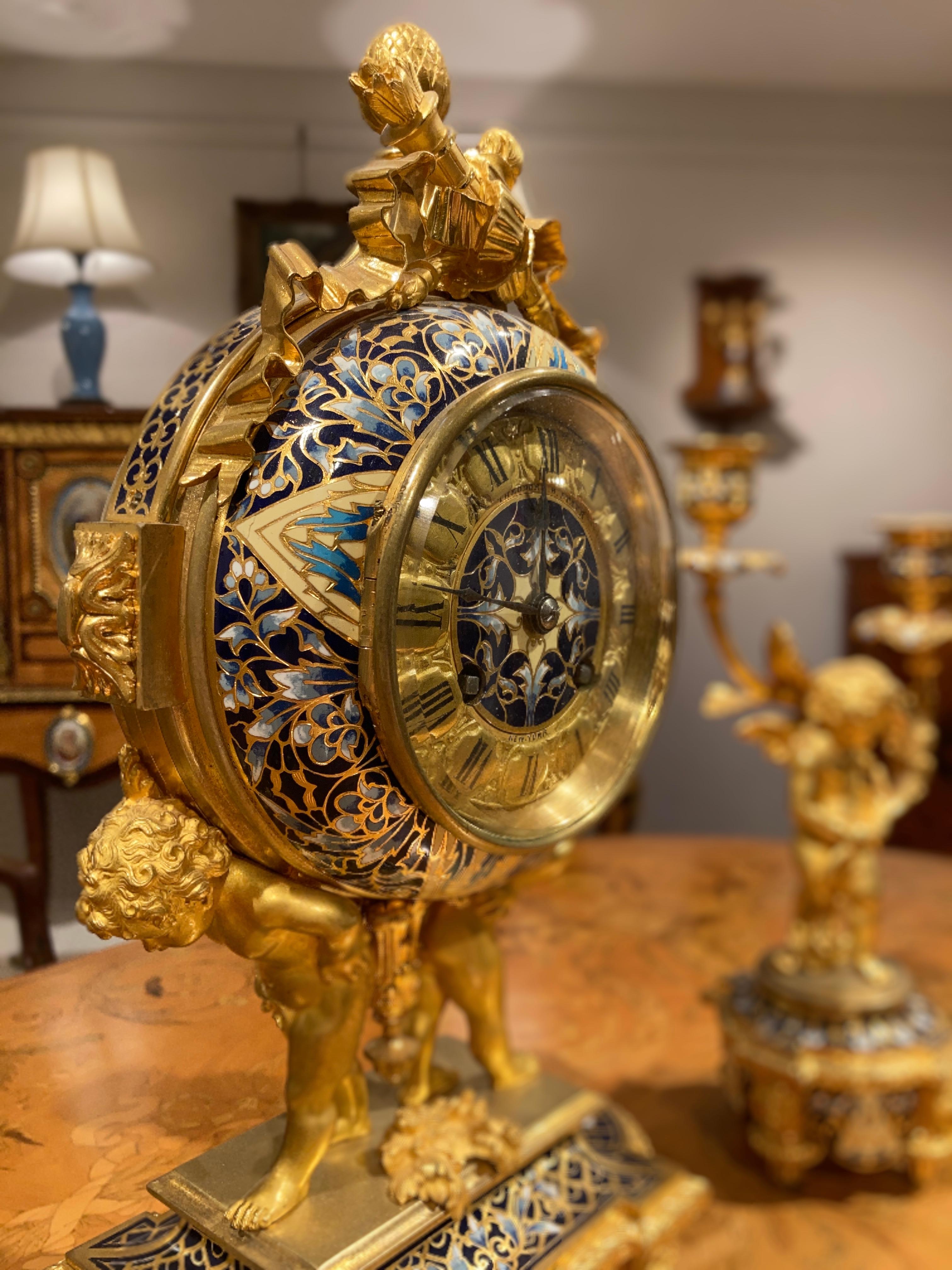 Enamel French Mantle Clock Garniture in the Louis XVI Manner For Sale