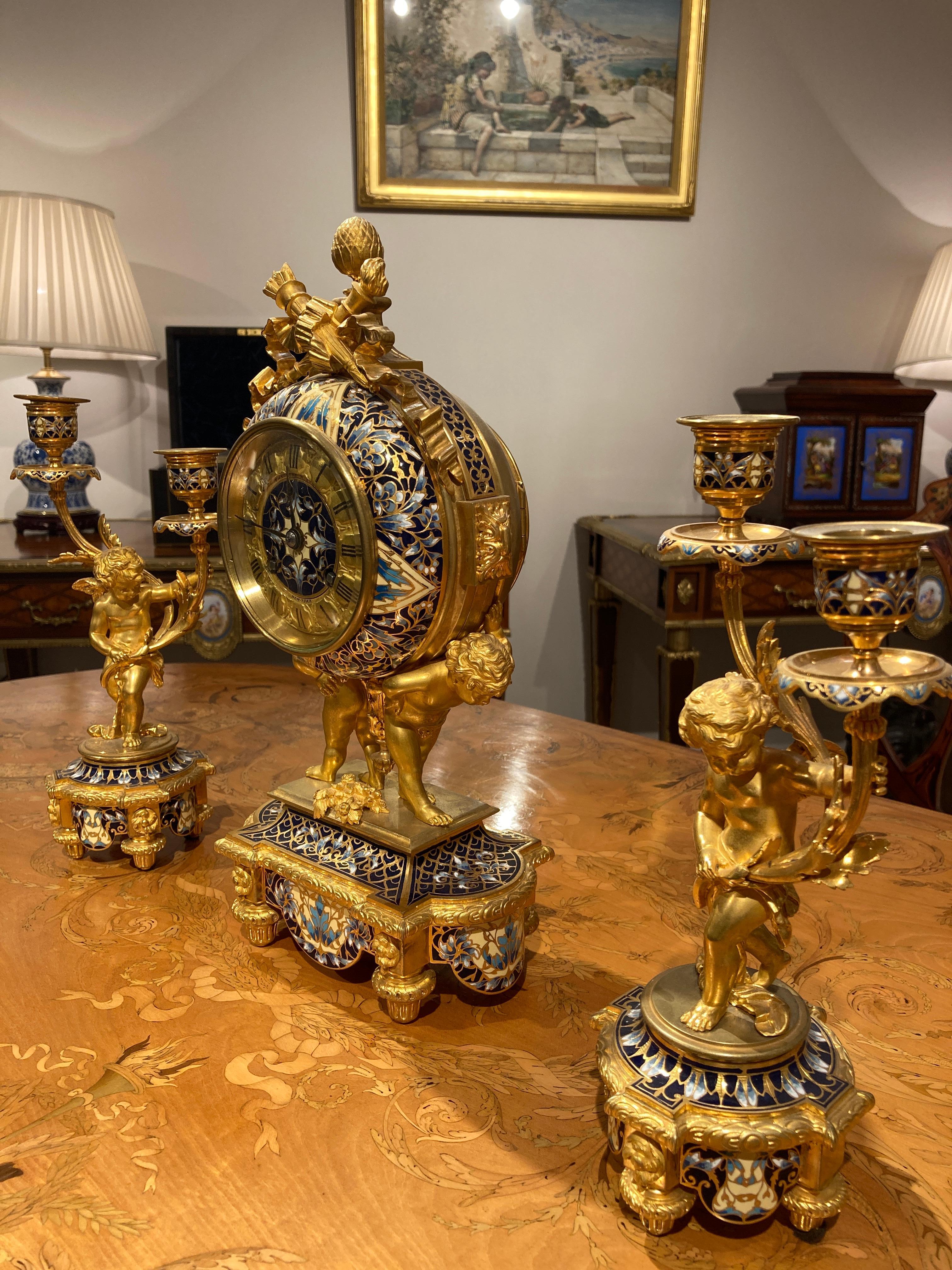 French Mantle Clock Garniture in the Louis XVI Manner For Sale 3