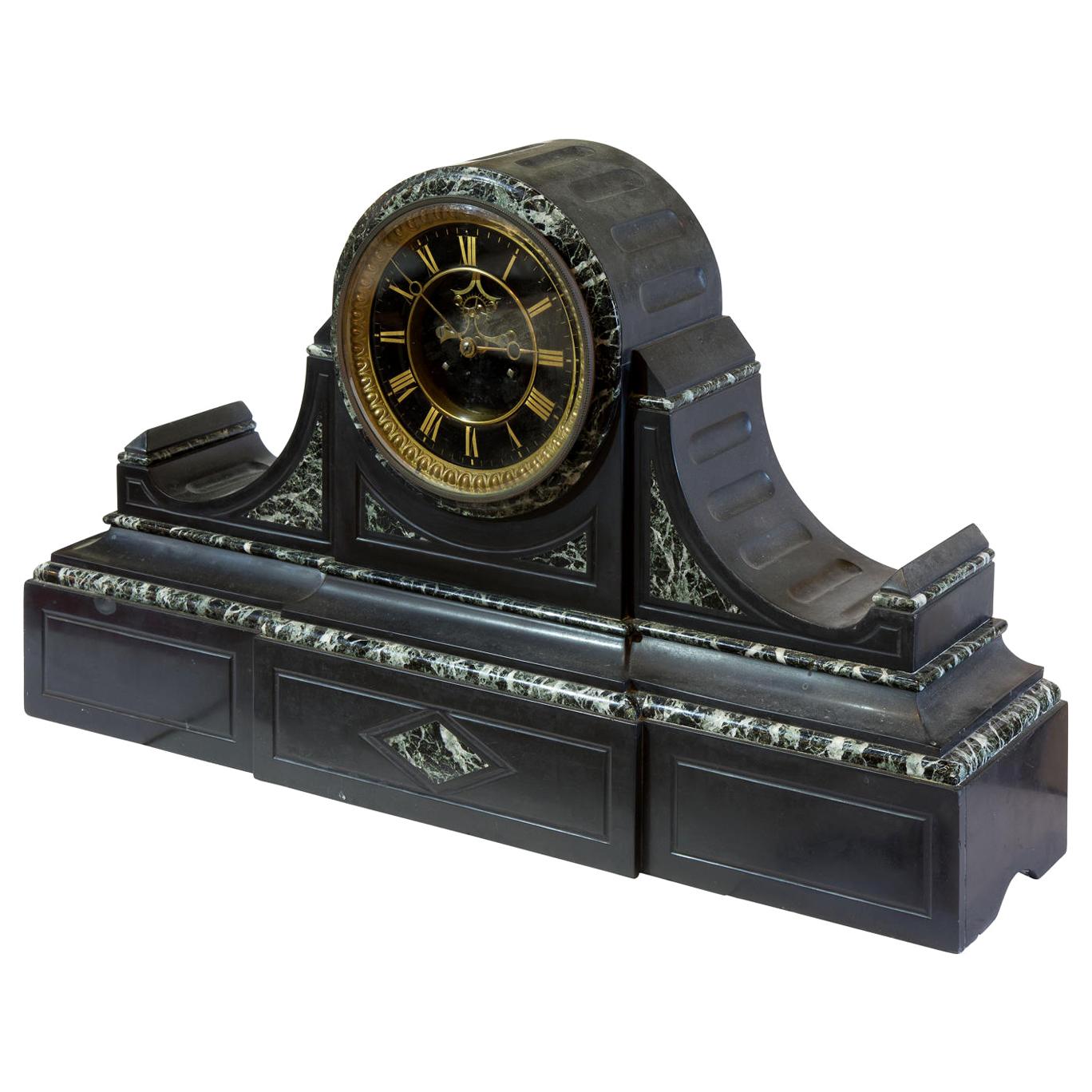 French Mantle Clock of Month Duration in a Polished Slate and Green Marble Case For Sale