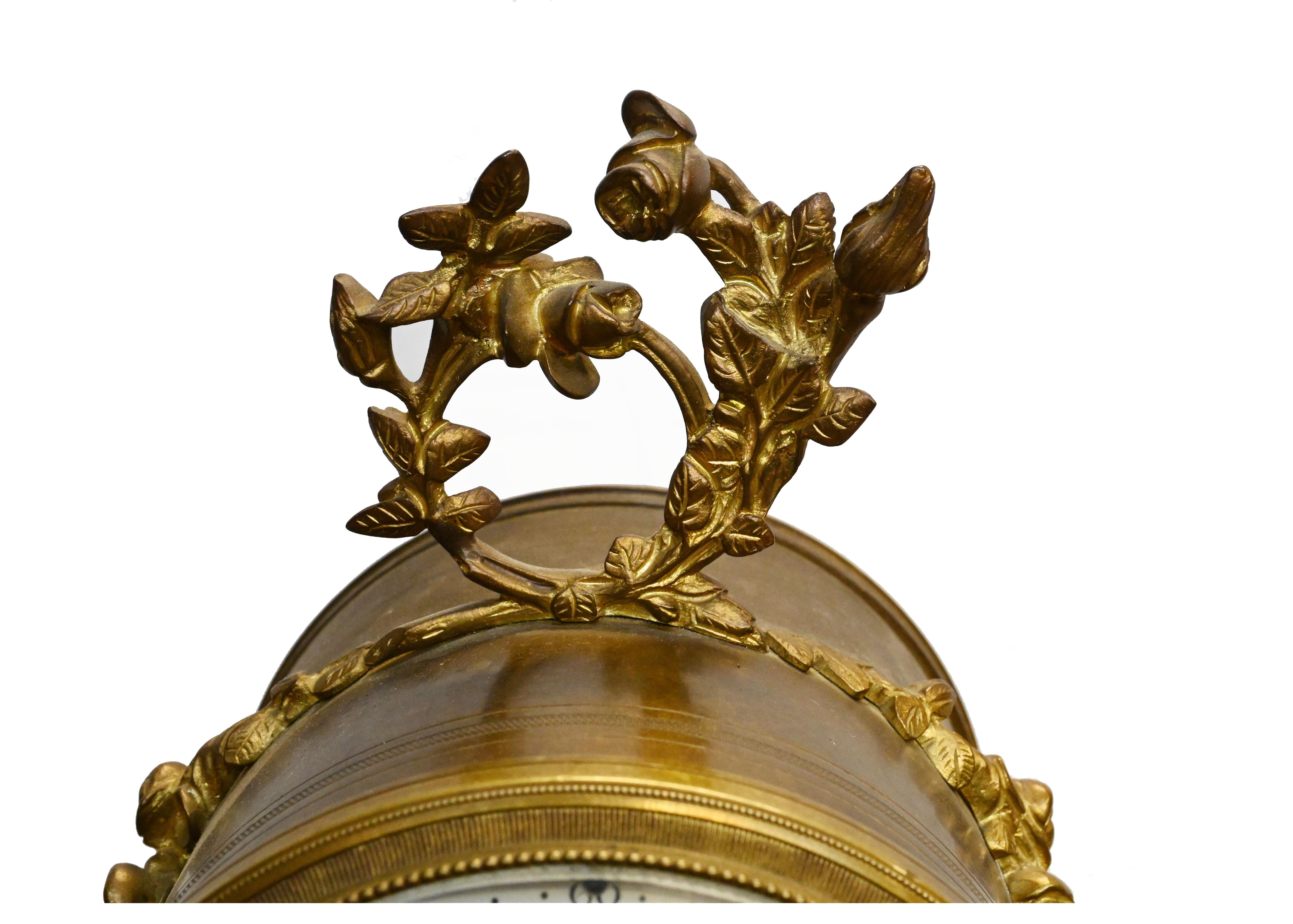 French Mantle Clock Set Garniture Marble 1880 In Good Condition For Sale In Potters Bar, GB
