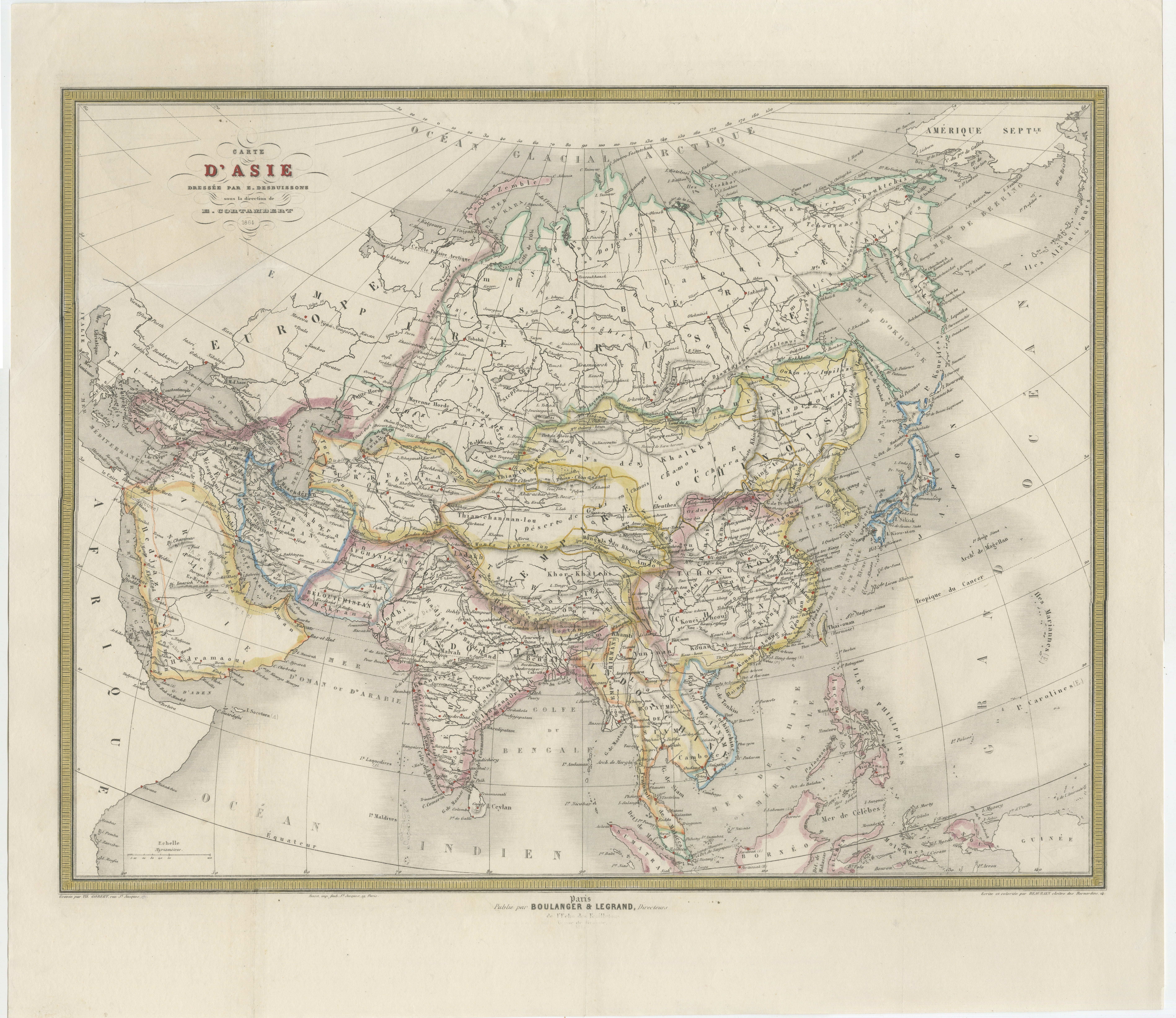 Carte française de l'Asie par Cortambert - Russie, Chine et Inde, 1864 en vente