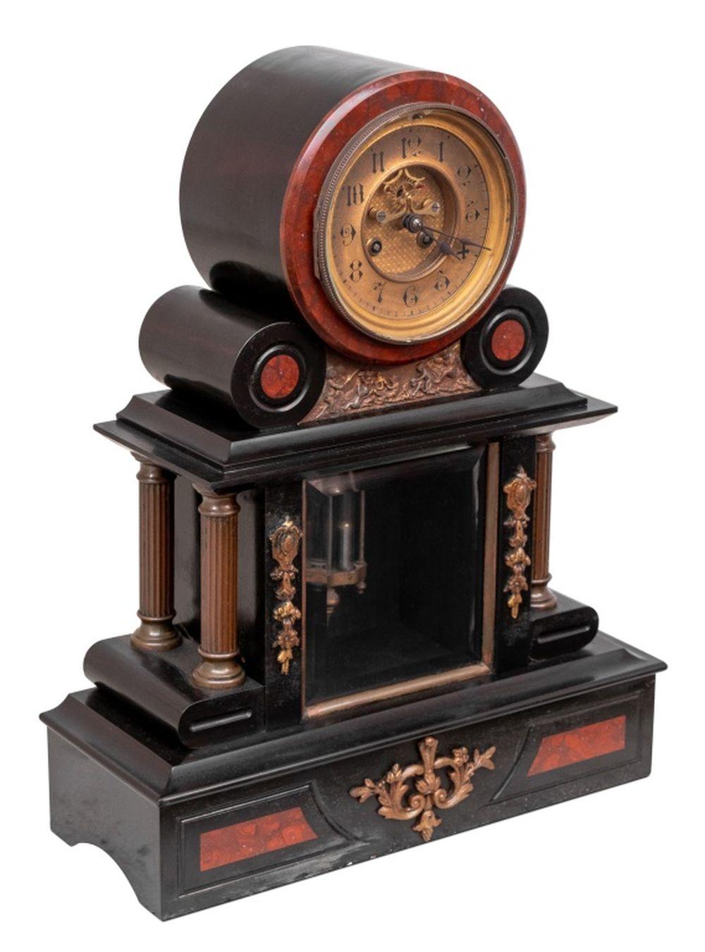 Neoclassical French Marble and Black Slate Mantel Clock For Sale
