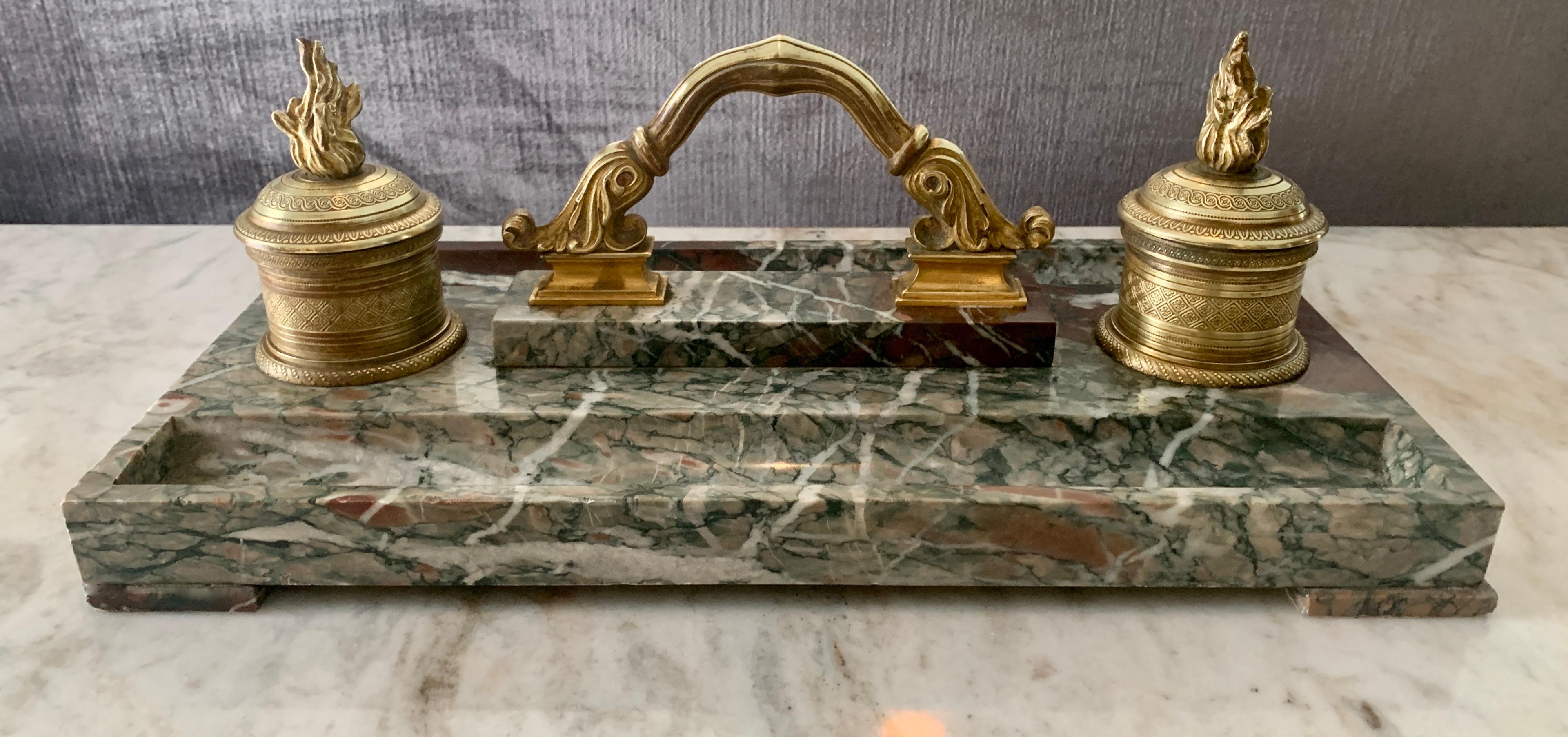 French Marble and Bronze Inkwell For Sale 4
