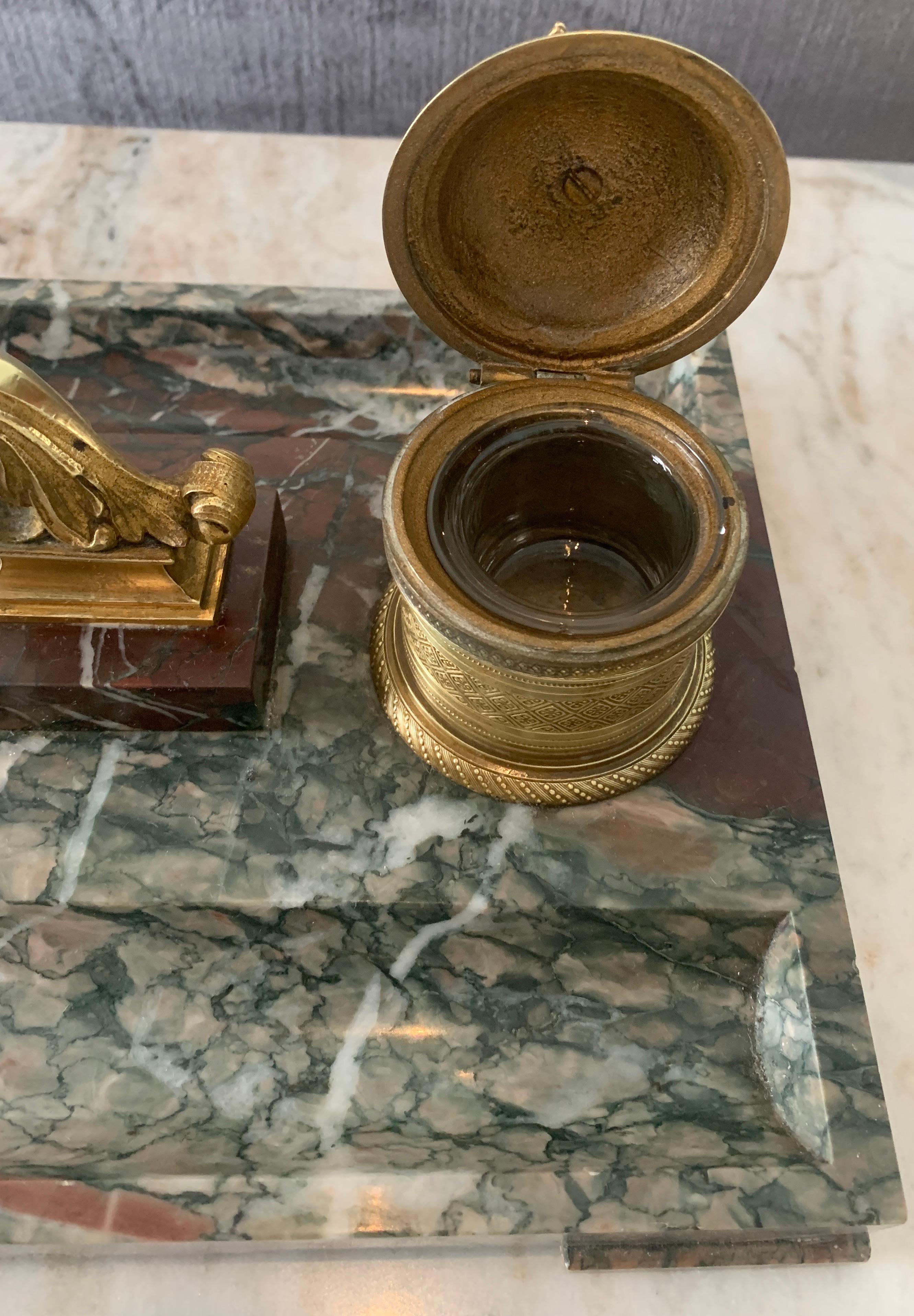 Hand-Crafted French Marble and Bronze Inkwell For Sale