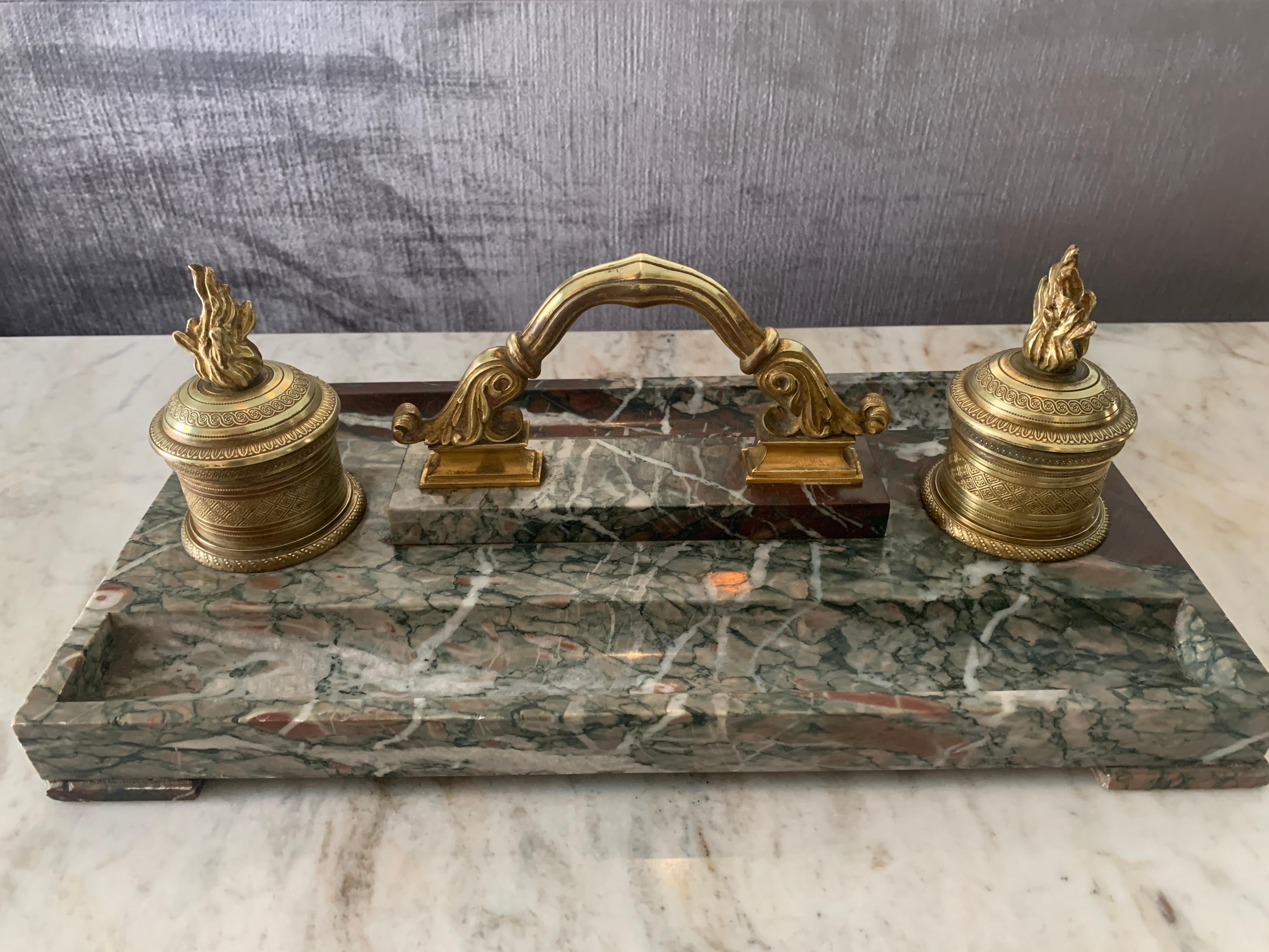 French Marble and Bronze Inkwell For Sale 2