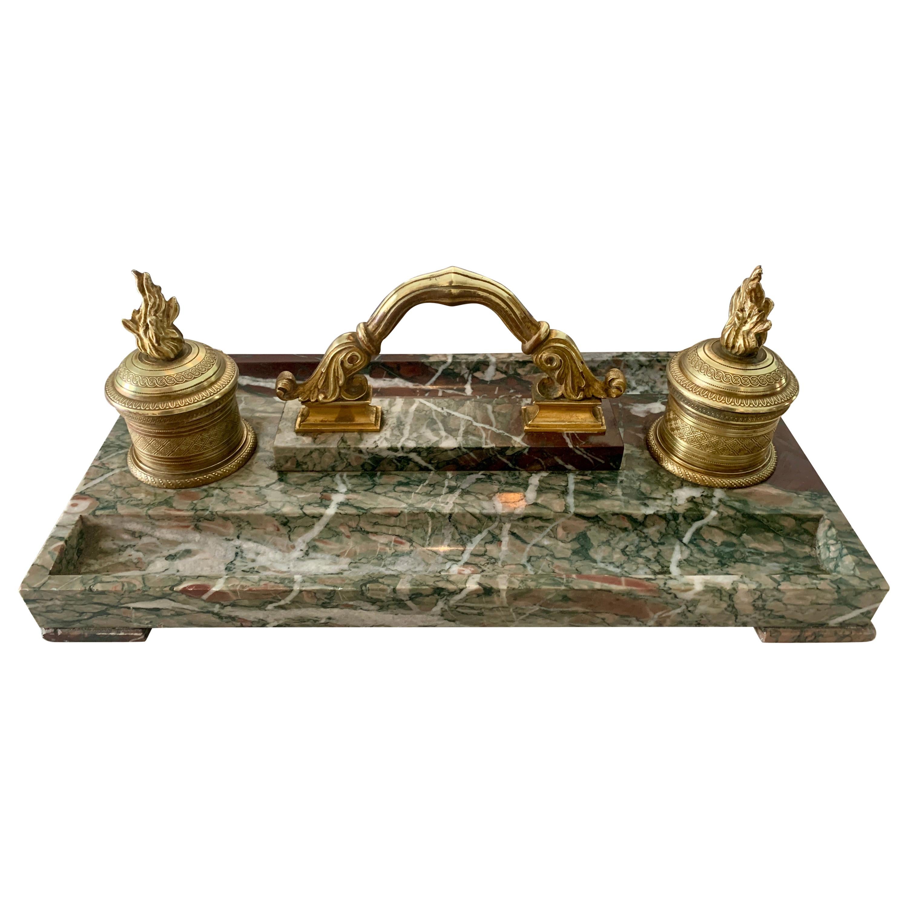 French Marble and Bronze Inkwell For Sale