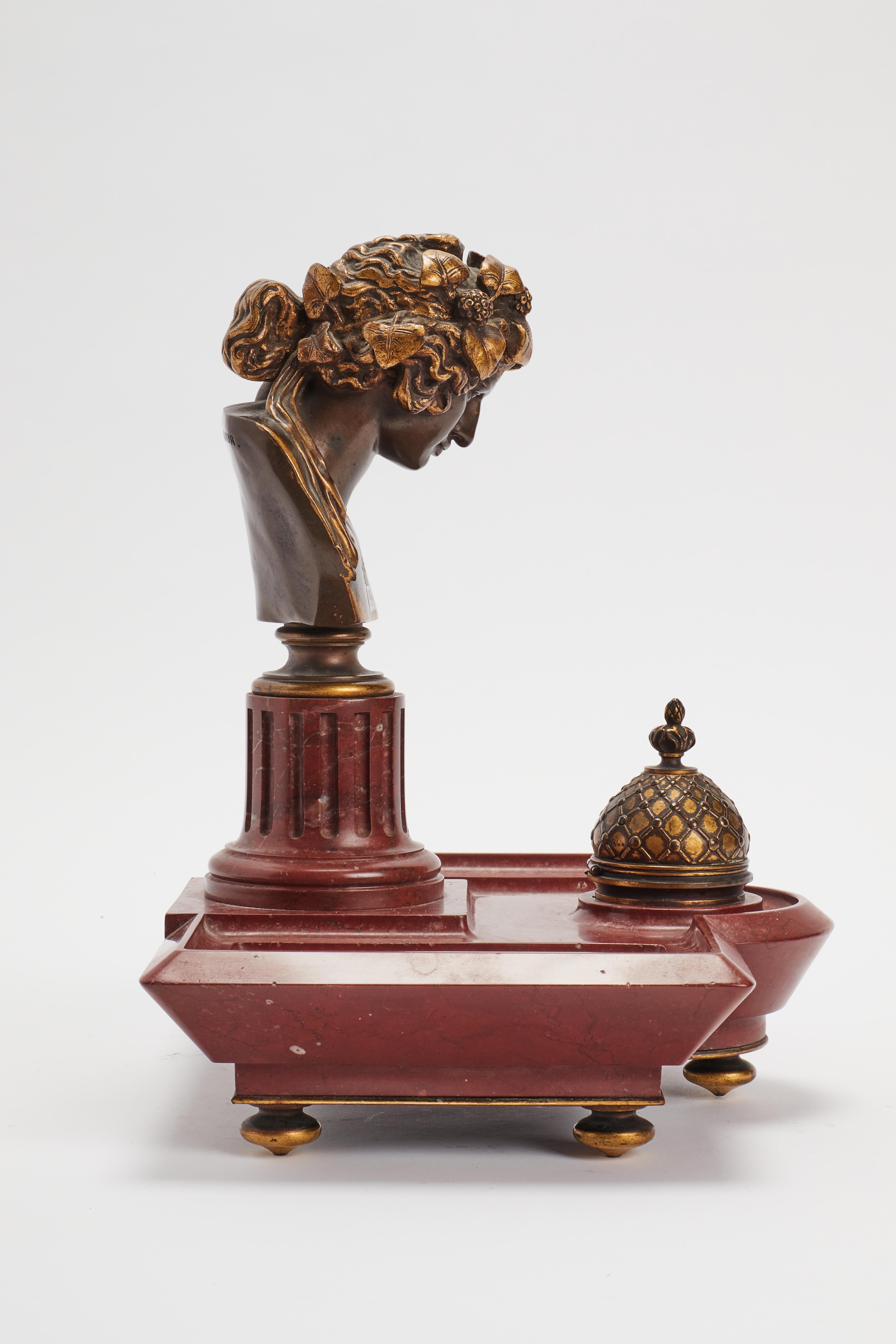 Empire French Marble and Bronze Inkwell Signed Ferdinand Barbedienne, Paris, circa 1870 For Sale