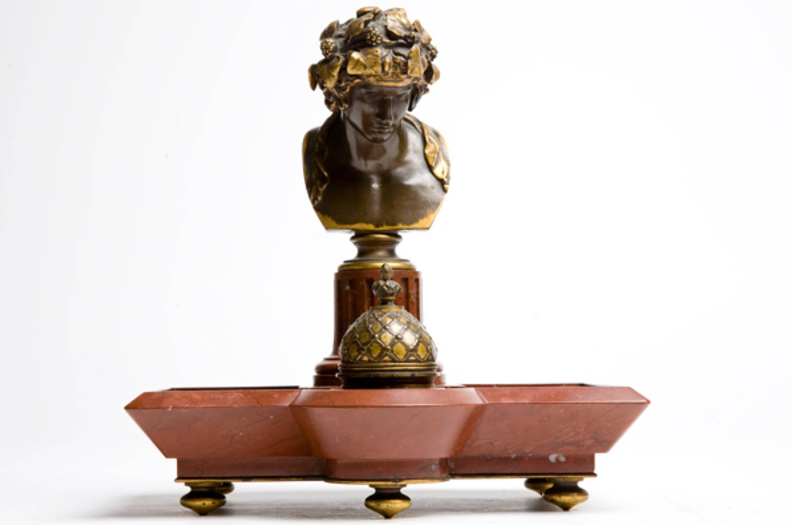 French Marble and Bronze Inkwell Signed Ferdinand Barbedienne, Paris, circa 1870 In Excellent Condition In Milan, IT