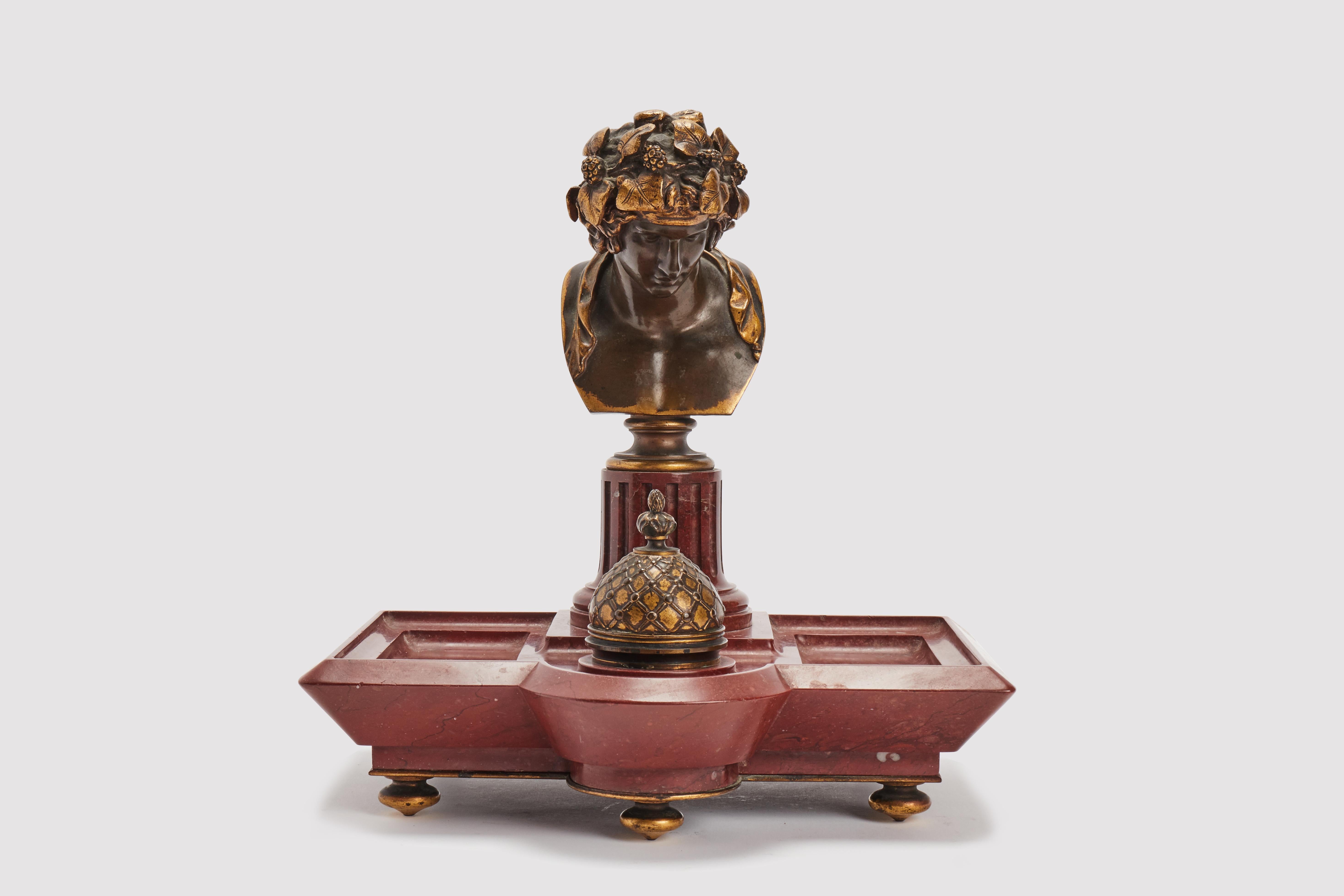 Mid-19th Century French Marble and Bronze Inkwell Signed Ferdinand Barbedienne, Paris, circa 1870 For Sale