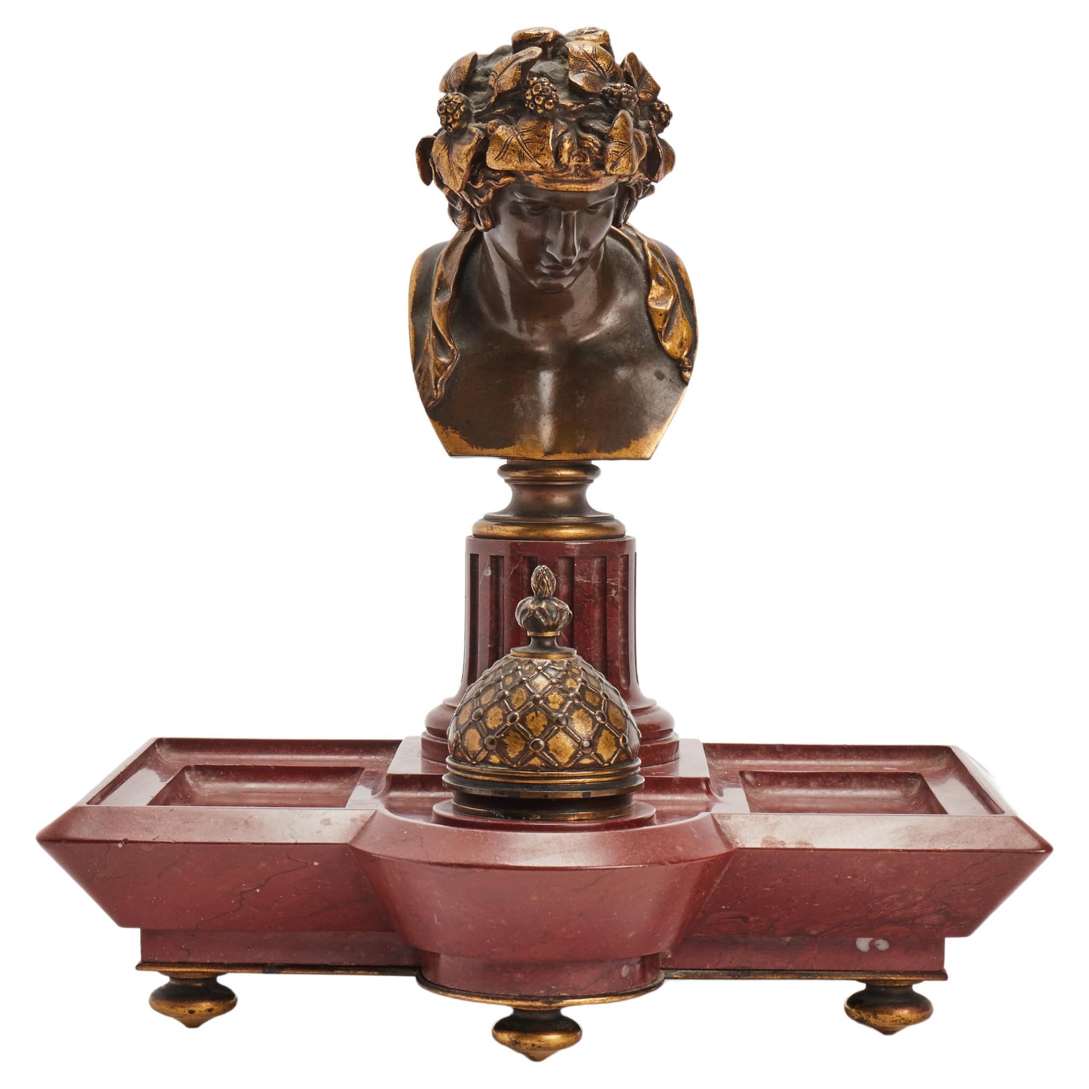 French Marble and Bronze Inkwell Signed Ferdinand Barbedienne, Paris, circa 1870