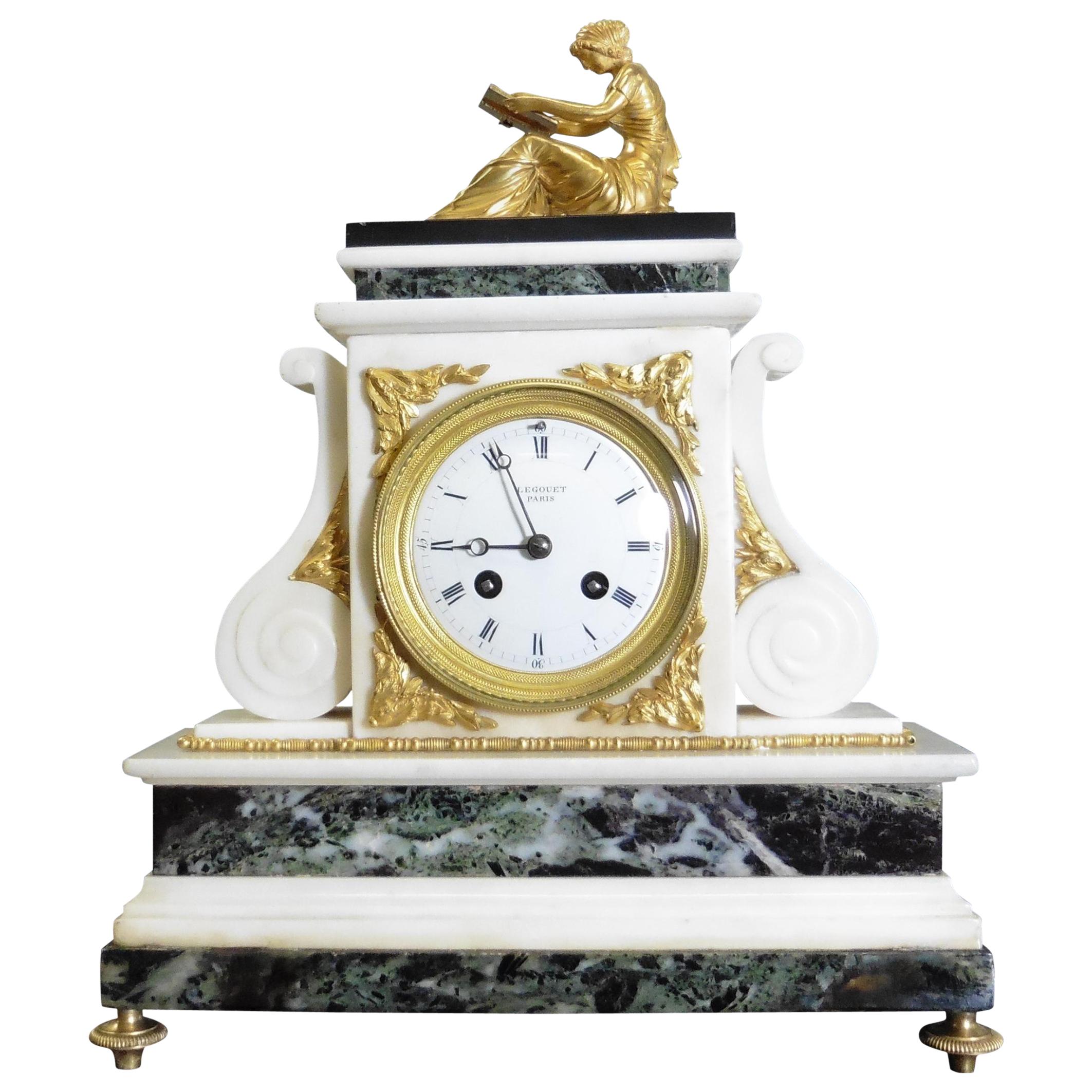 French Ormolu and White Marble Mantel Clock and Candelabra Set by A.D