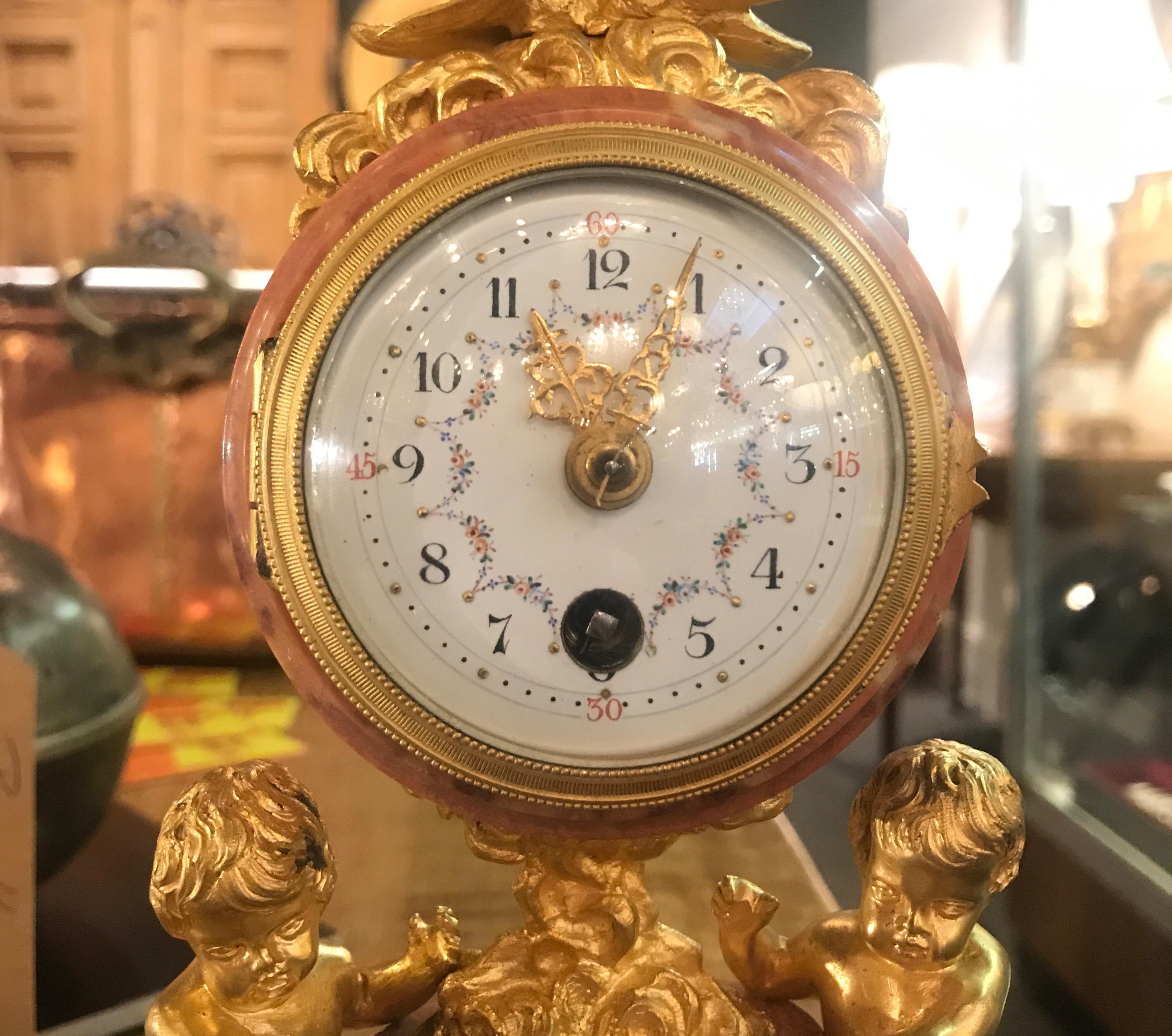 Louis XV French Marble and Ormolu Petite Table Clock, France, circa 1900