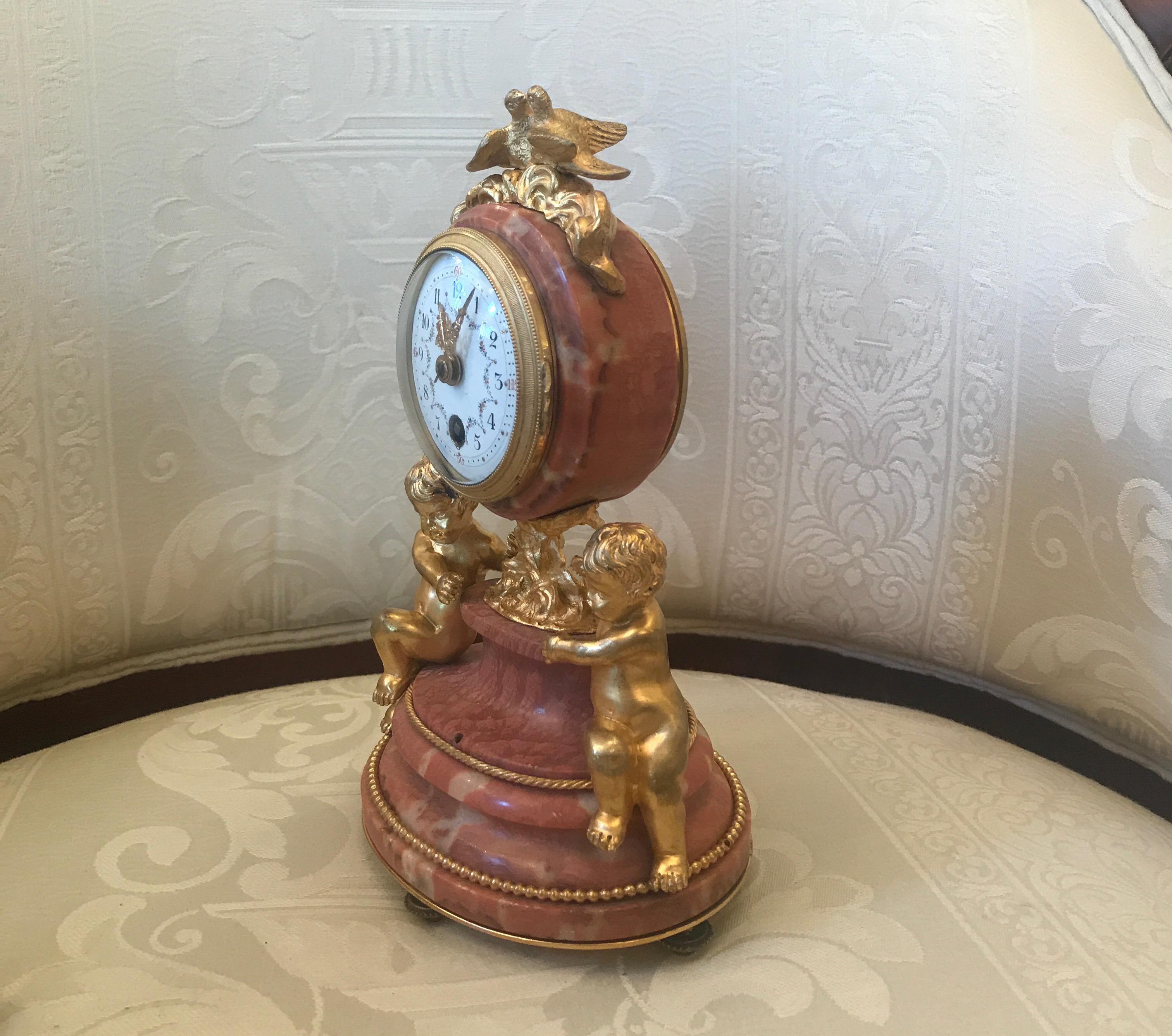 French Marble and Ormolu Petite Table Clock, France, circa 1900 In Good Condition In Lambertville, NJ