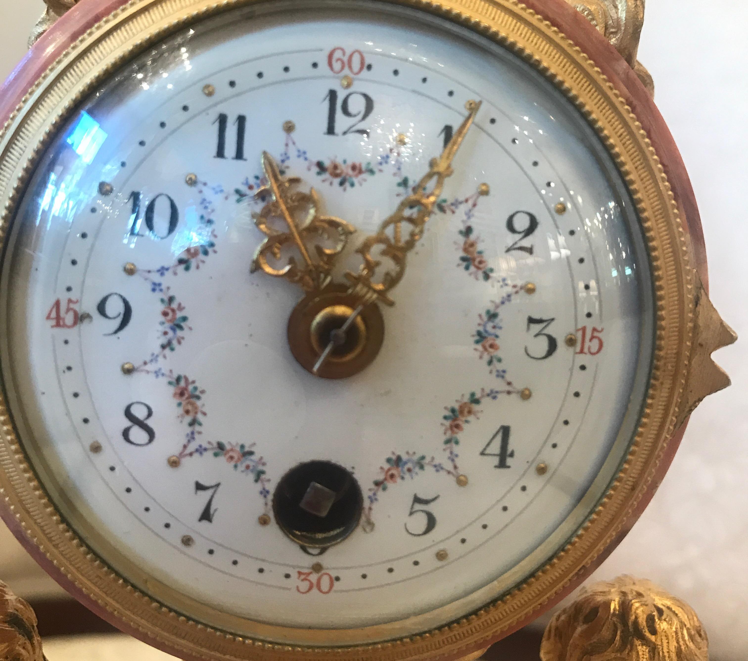 Glass French Marble and Ormolu Petite Table Clock, France, circa 1900