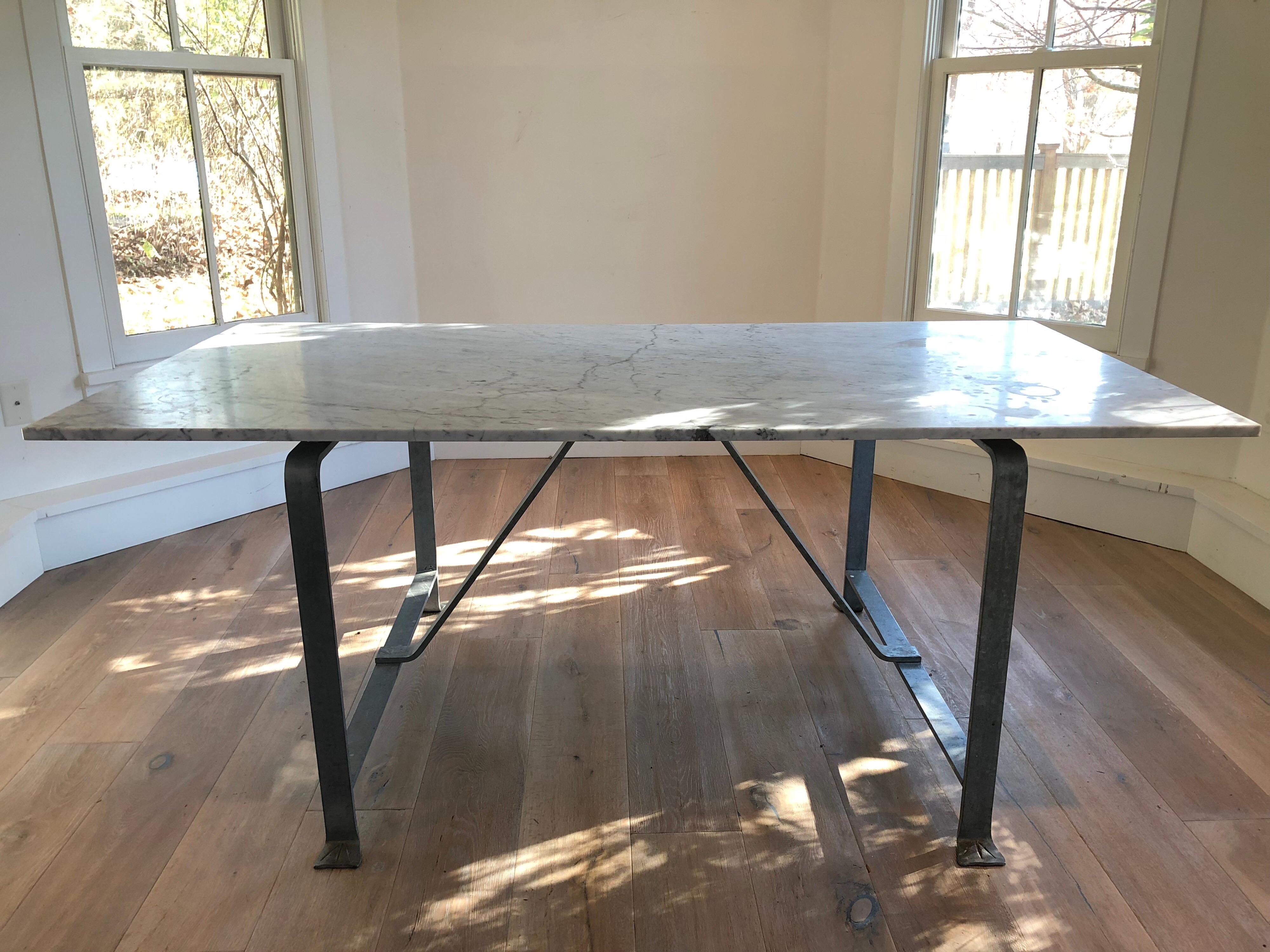 Industrial French Marble and Steel Dining Table For Sale