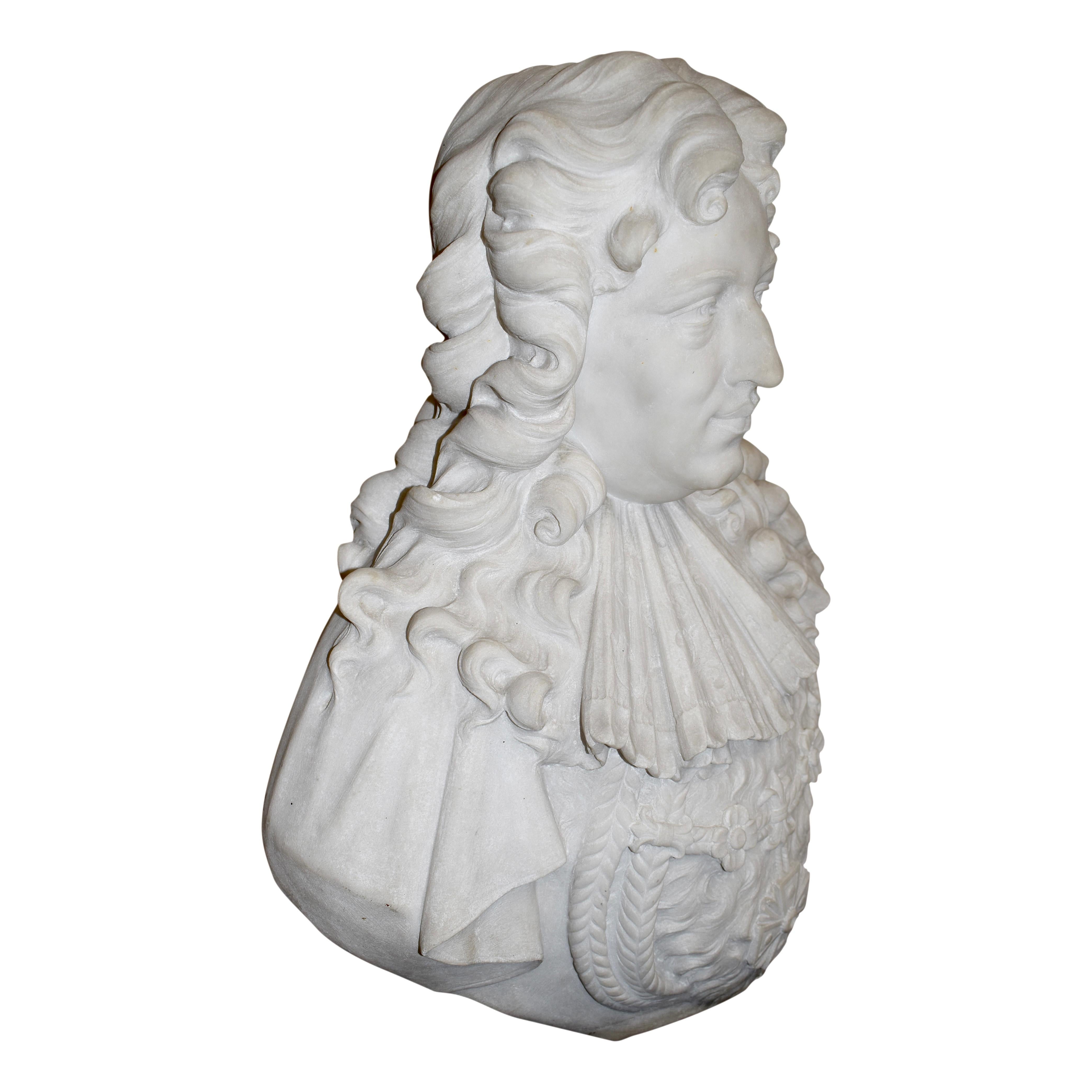 Known as the Sun King, Louis XIV, was the longest reigning monarch in Europe. His reign in France was marked as a time of unparalleled prosperity and French domination. With rich detail, this marble bust depicts him in regal attire, ringlets falling