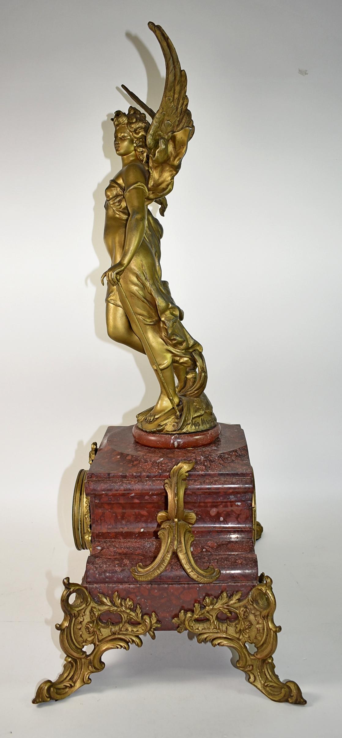 French Marble Figural Mantle Clock, Signed Hip Moreau In Good Condition For Sale In Toledo, OH