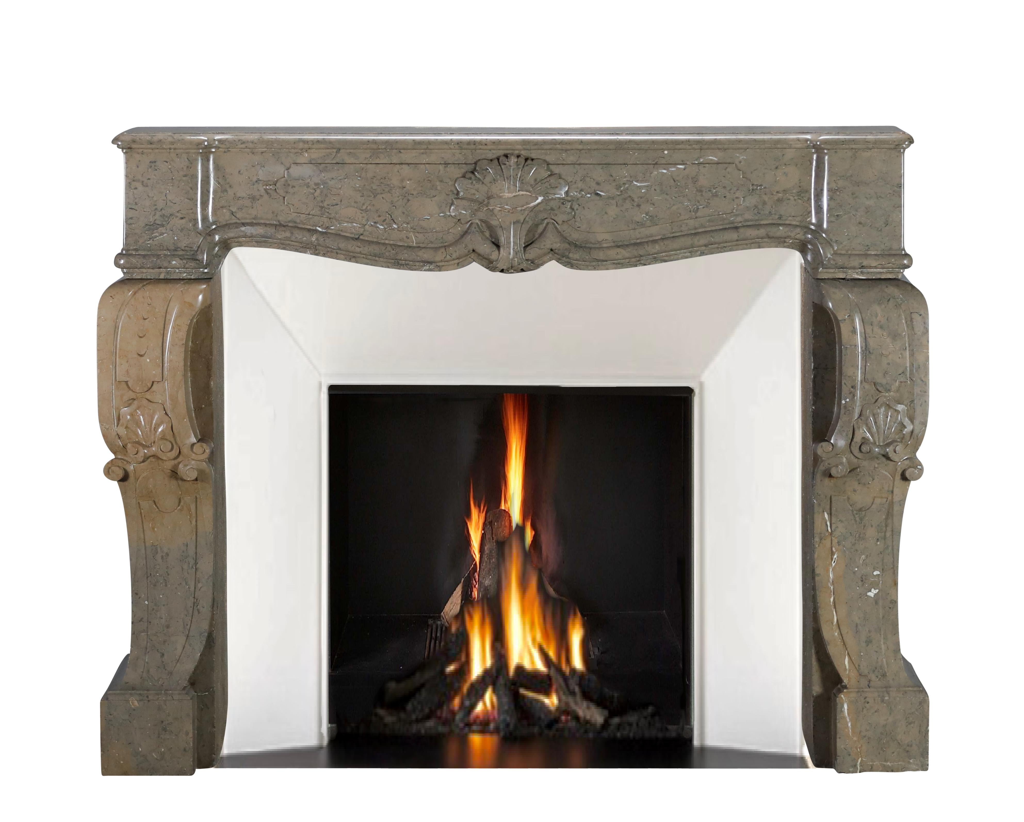 Fireplace surround with palm tree detail carved on the main piece. Extreme rich jambs. The bicolor marble is from the Ardêche region in France. This is a 19th century chimney piece.
Measurements:
138 cm Exterior Width 54,33 Inch
143,5 cm Exterior