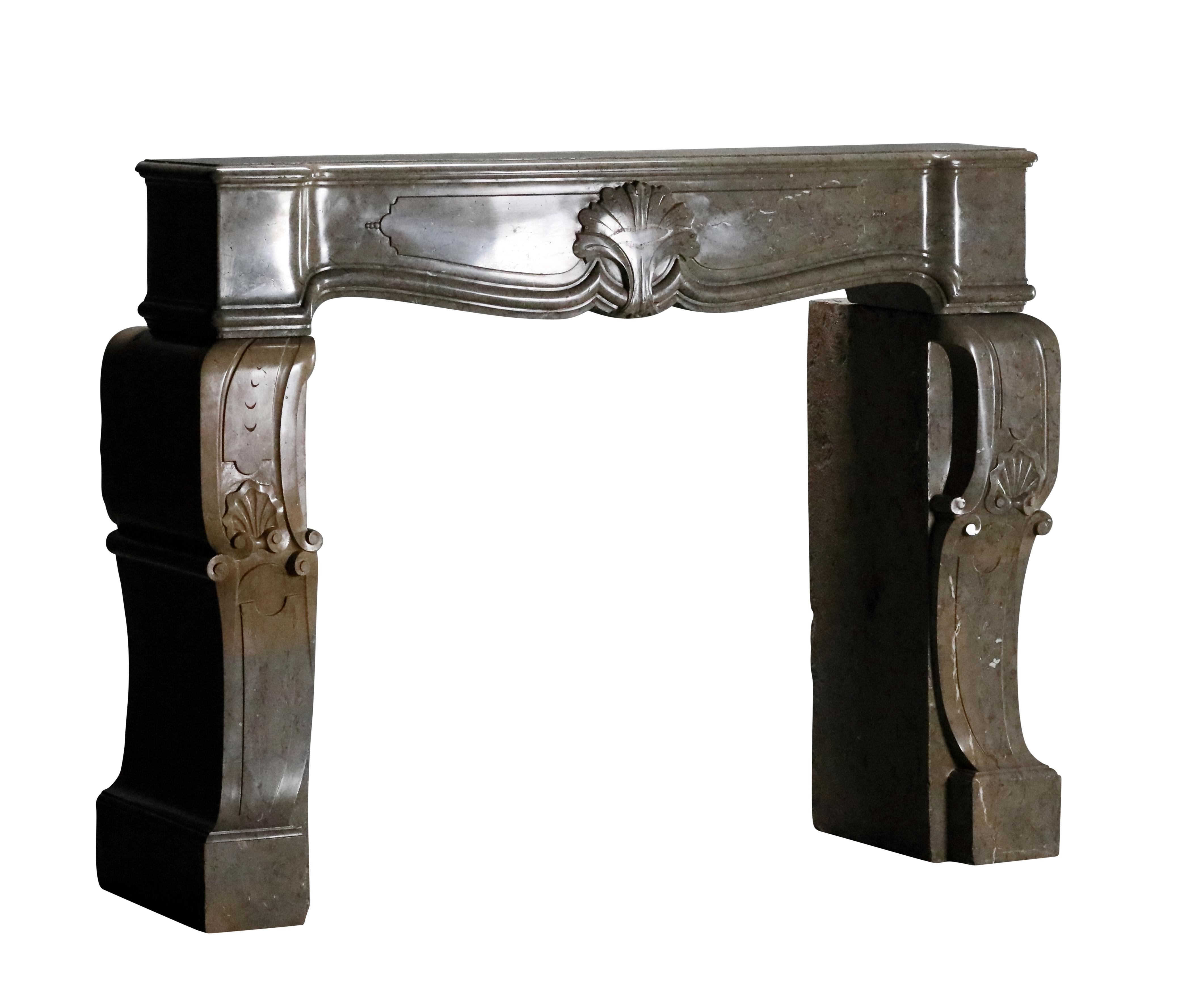 French Marble Fireplace From The Ardeche Region In Olive Green Multi Colour In Excellent Condition For Sale In Beervelde, BE
