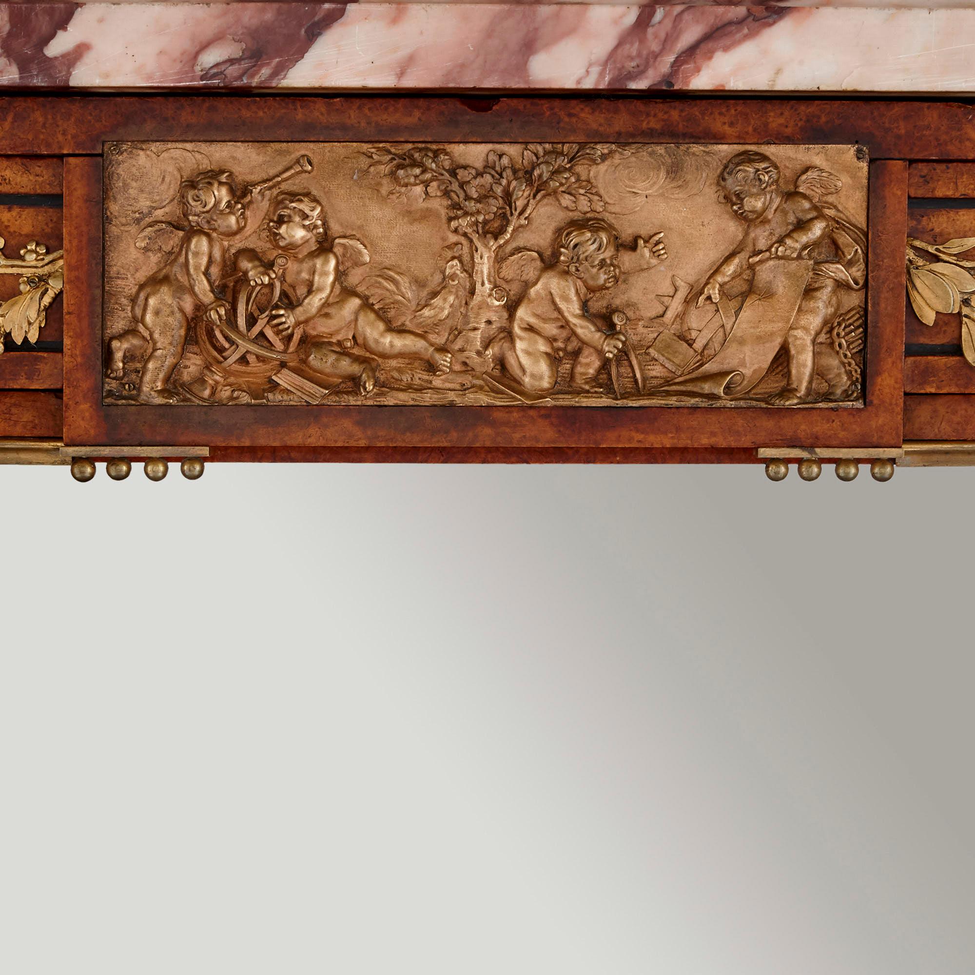 French Marble, Gilt Bronze and Amboyna Burl Side Cabinet For Sale 2