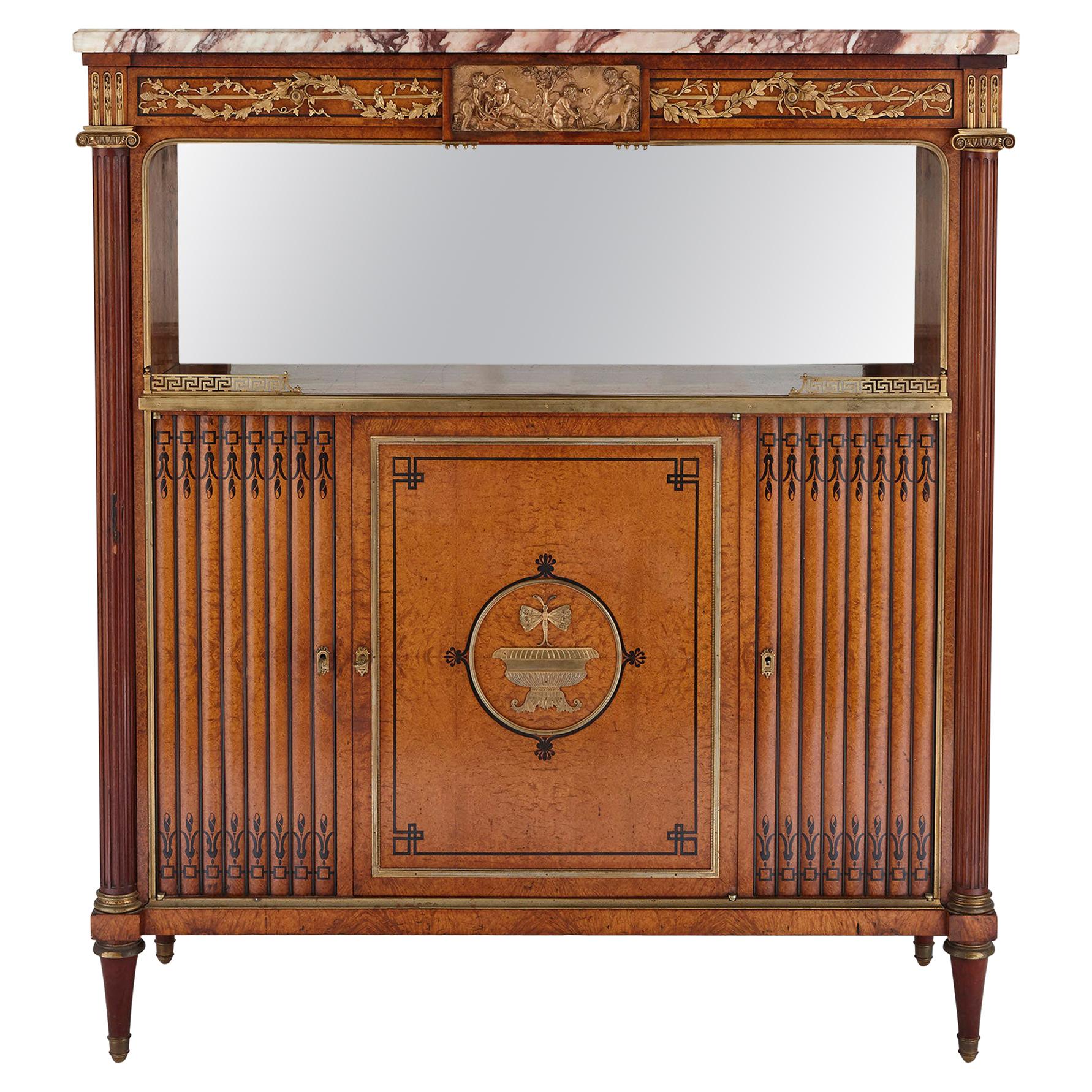 French Marble, Gilt Bronze and Amboyna Burl Side Cabinet For Sale