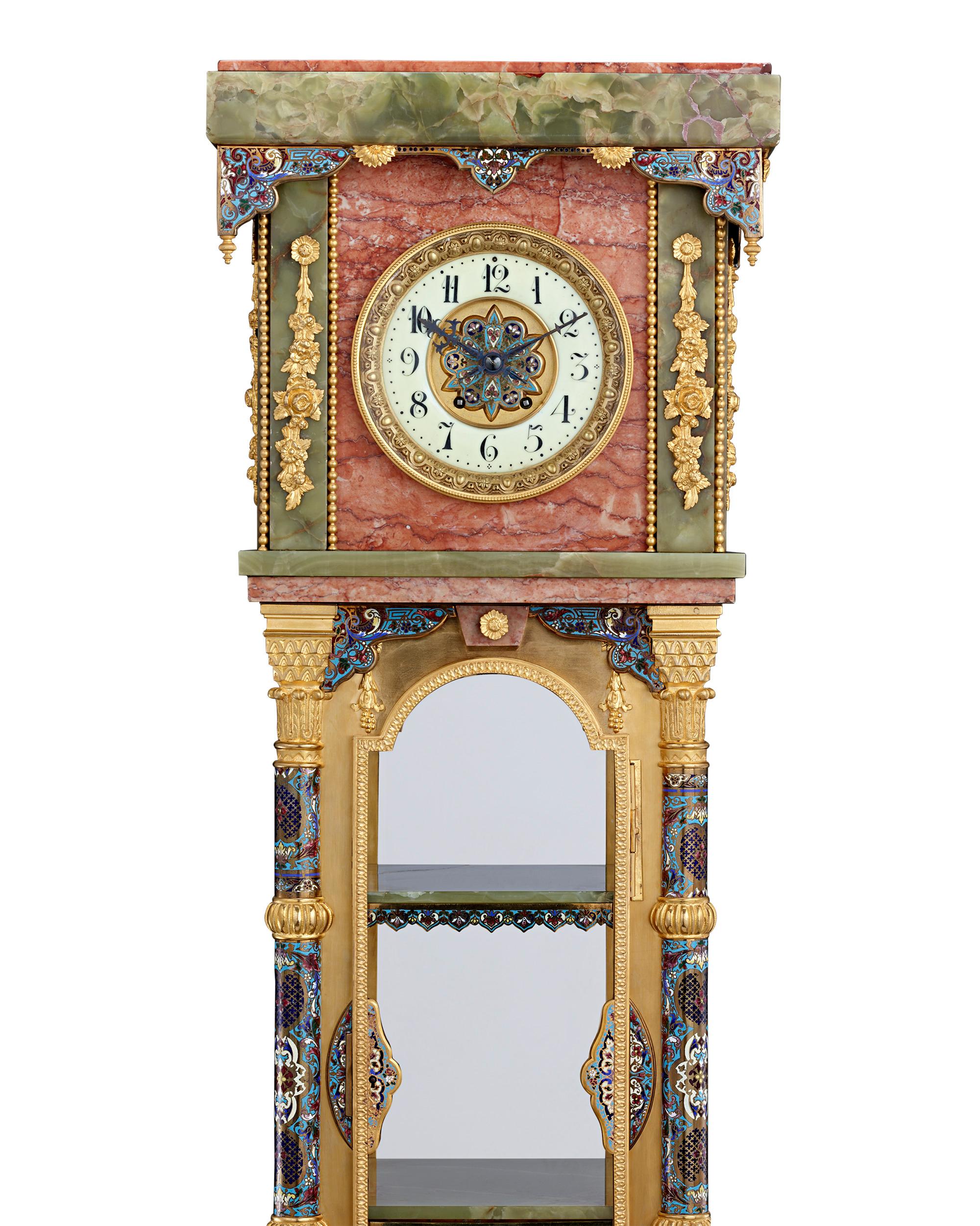 Moorish French Marble, Onyx, Enamel and Ormolu Pedestal Clock