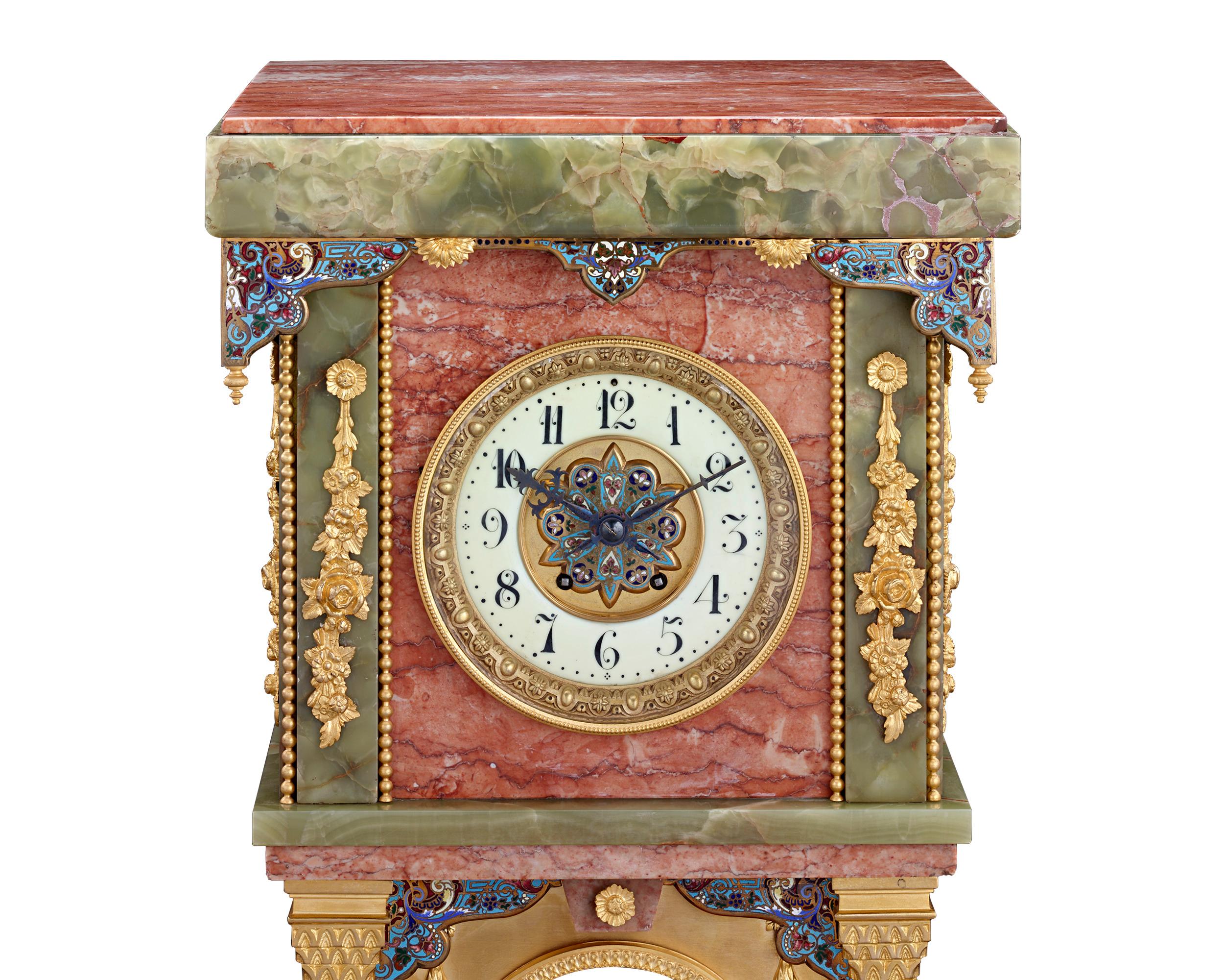 Carved French Marble, Onyx, Enamel and Ormolu Pedestal Clock