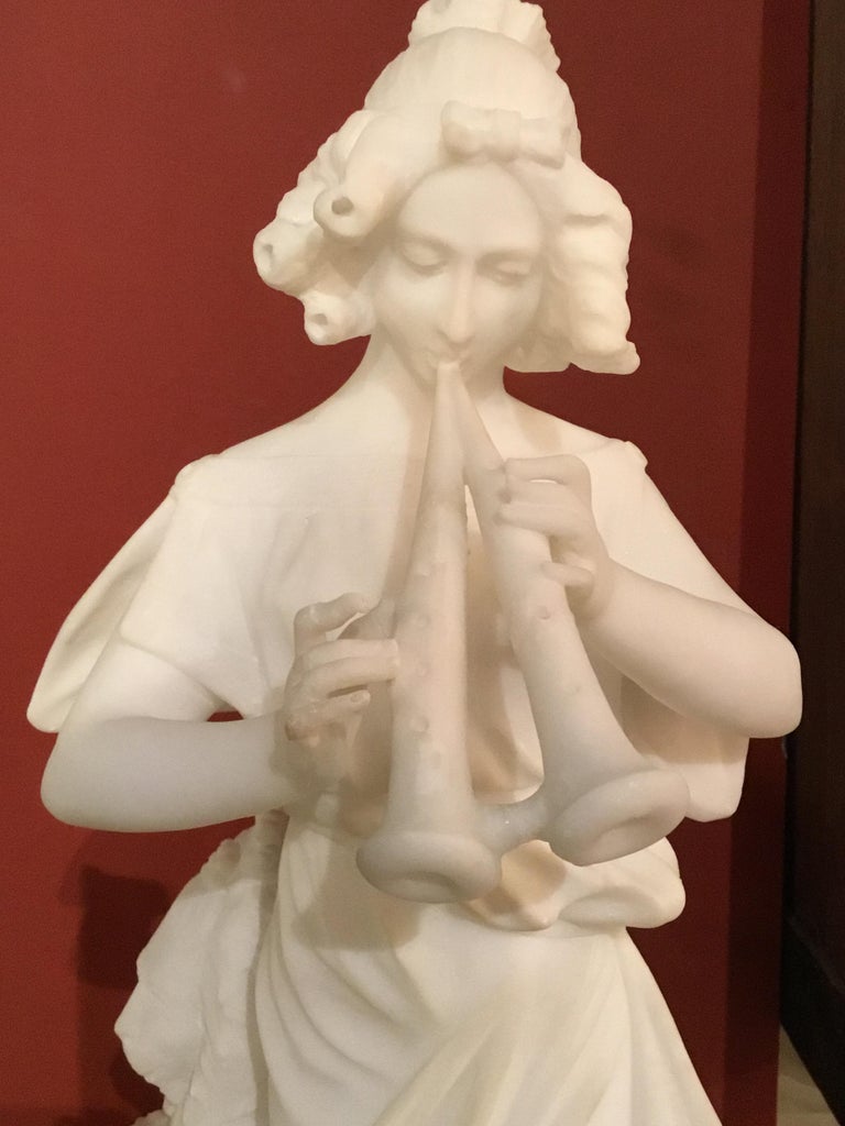 French Marble Statue of a Woman in Neoclassical Robe with Flutes, 19th Century For Sale 6