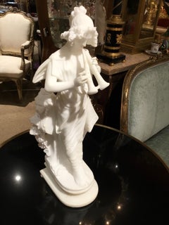 French Marble Statue of a Woman in Neoclassical Robe with Flutes, 19th Century