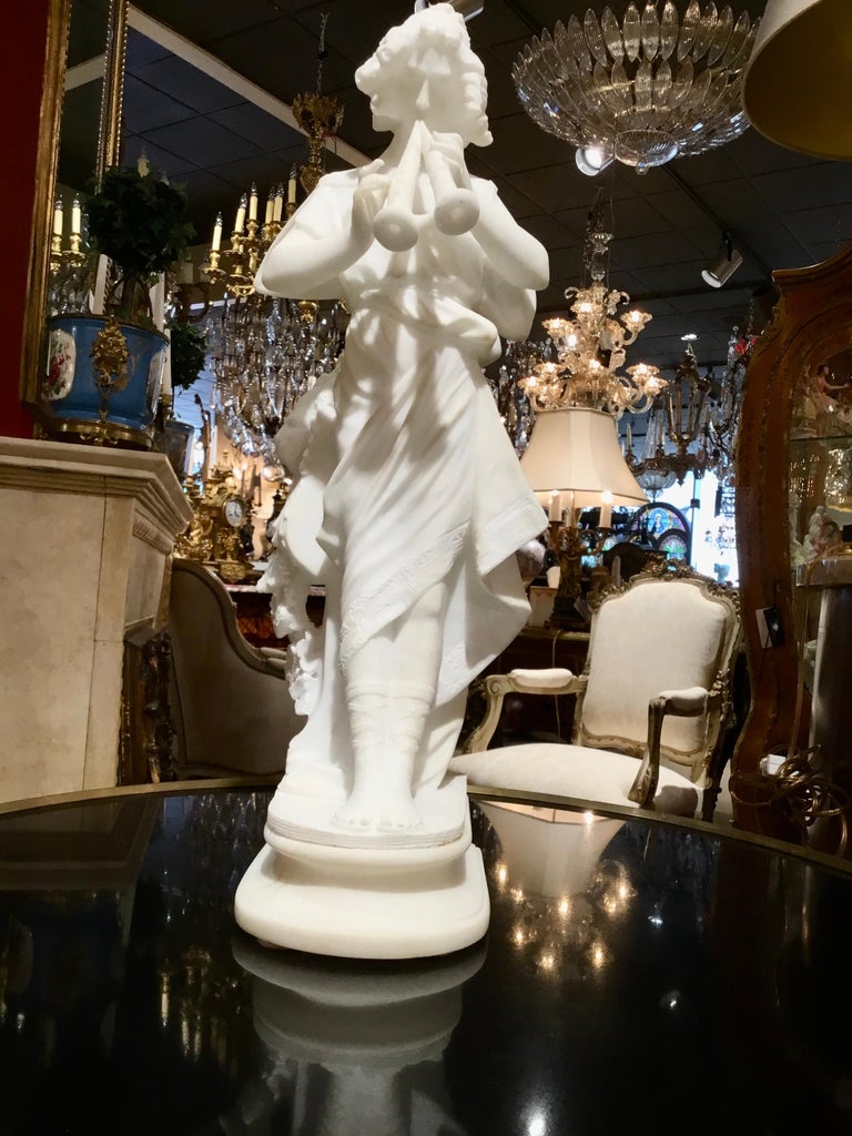 French Marble Statue of a Woman in Neoclassical Robe with Flutes, 19th Century In Good Condition For Sale In Houston, TX
