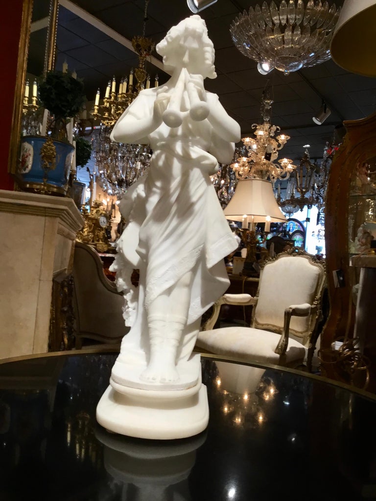French Marble Statue of a Woman in Neoclassical Robe with Flutes, 19th Century For Sale 1