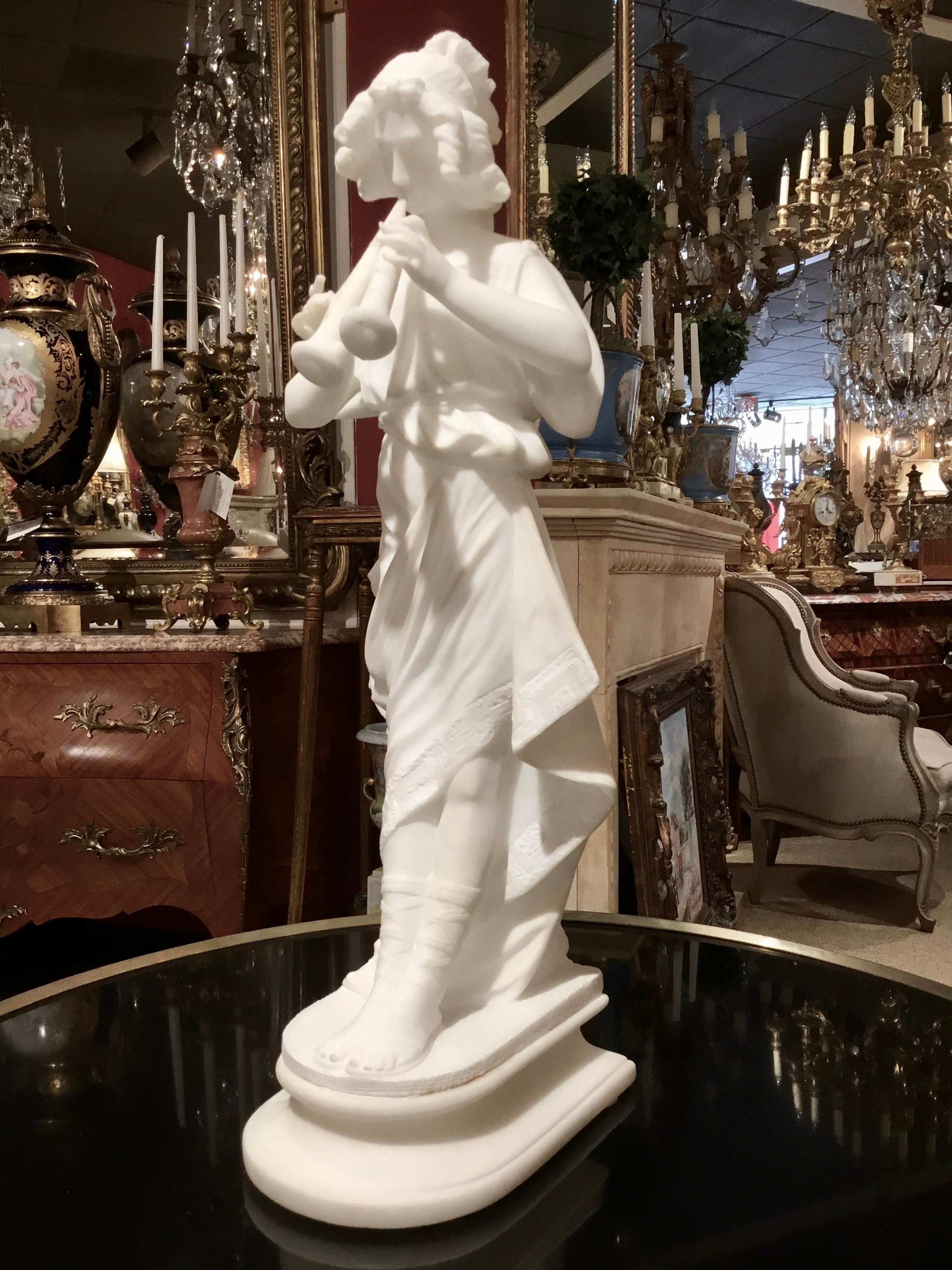 French Marble Statue of a Woman in Neoclassical Robe with Flutes, 19th Century For Sale 2
