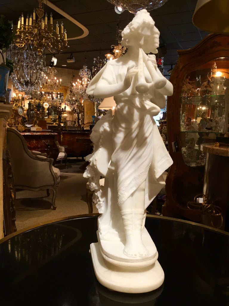 French Marble Statue of a Woman in Neoclassical Robe with Flutes, 19th Century For Sale 3