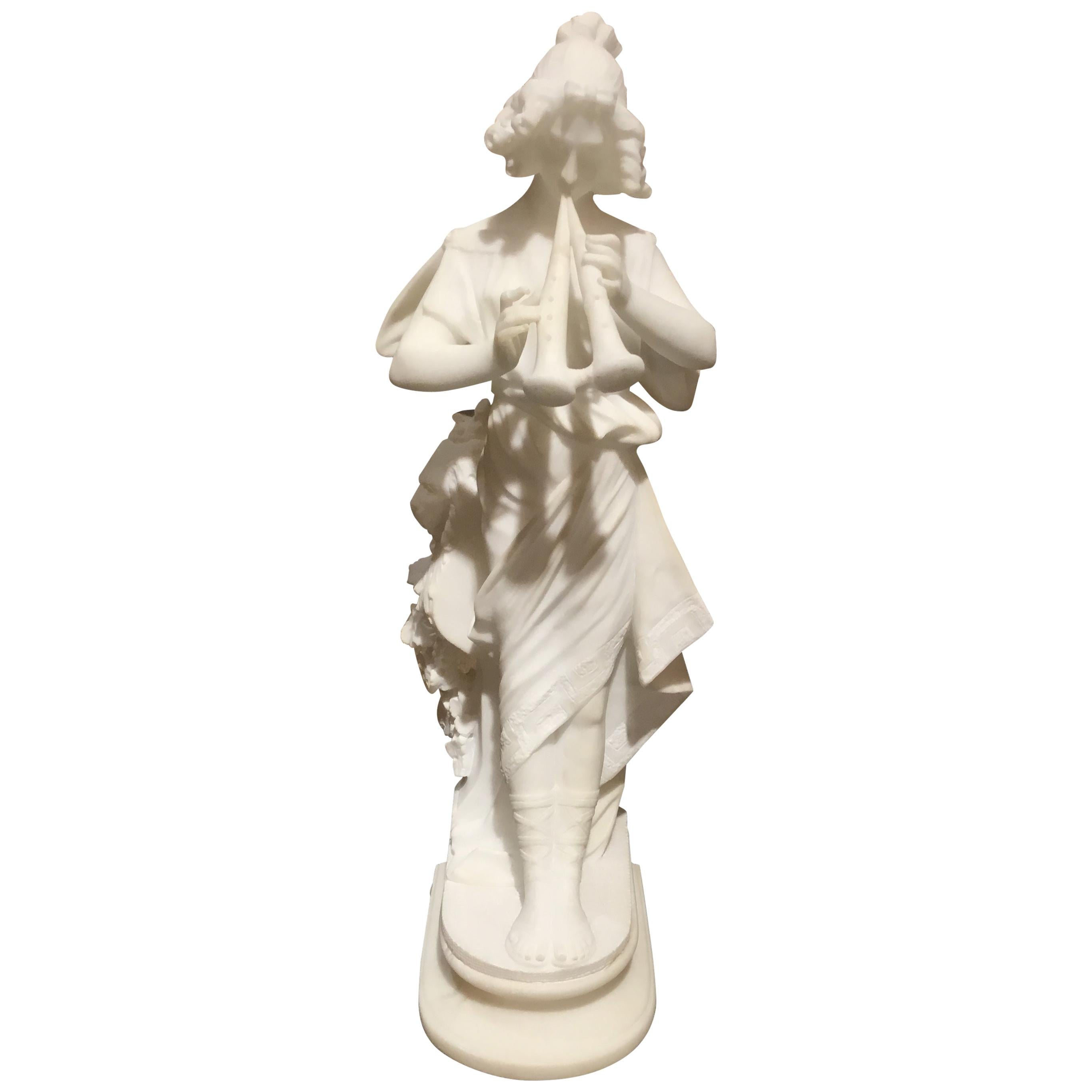 French Marble Statue of a Woman in Neoclassical Robe with Flutes, 19th Century