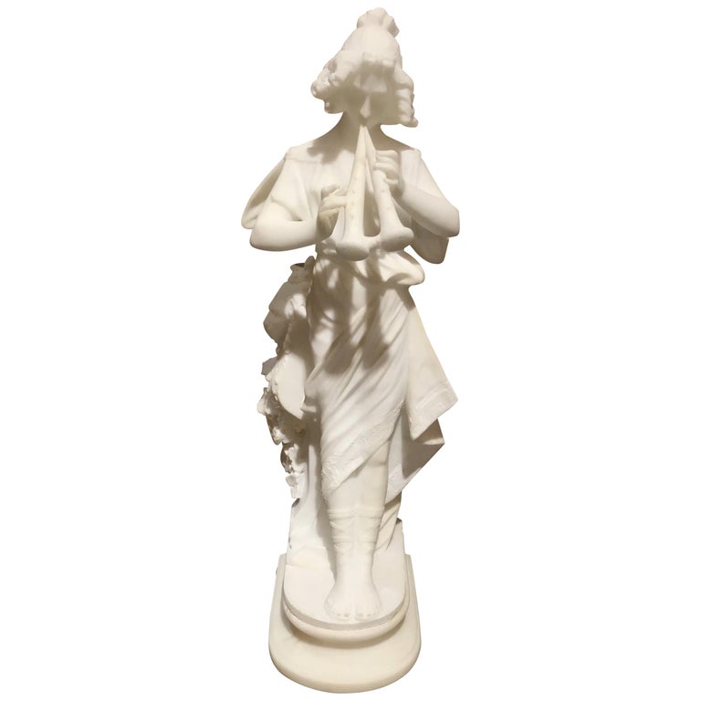 French Marble Statue of a Woman in Neoclassical Robe with Flutes, 19th Century For Sale